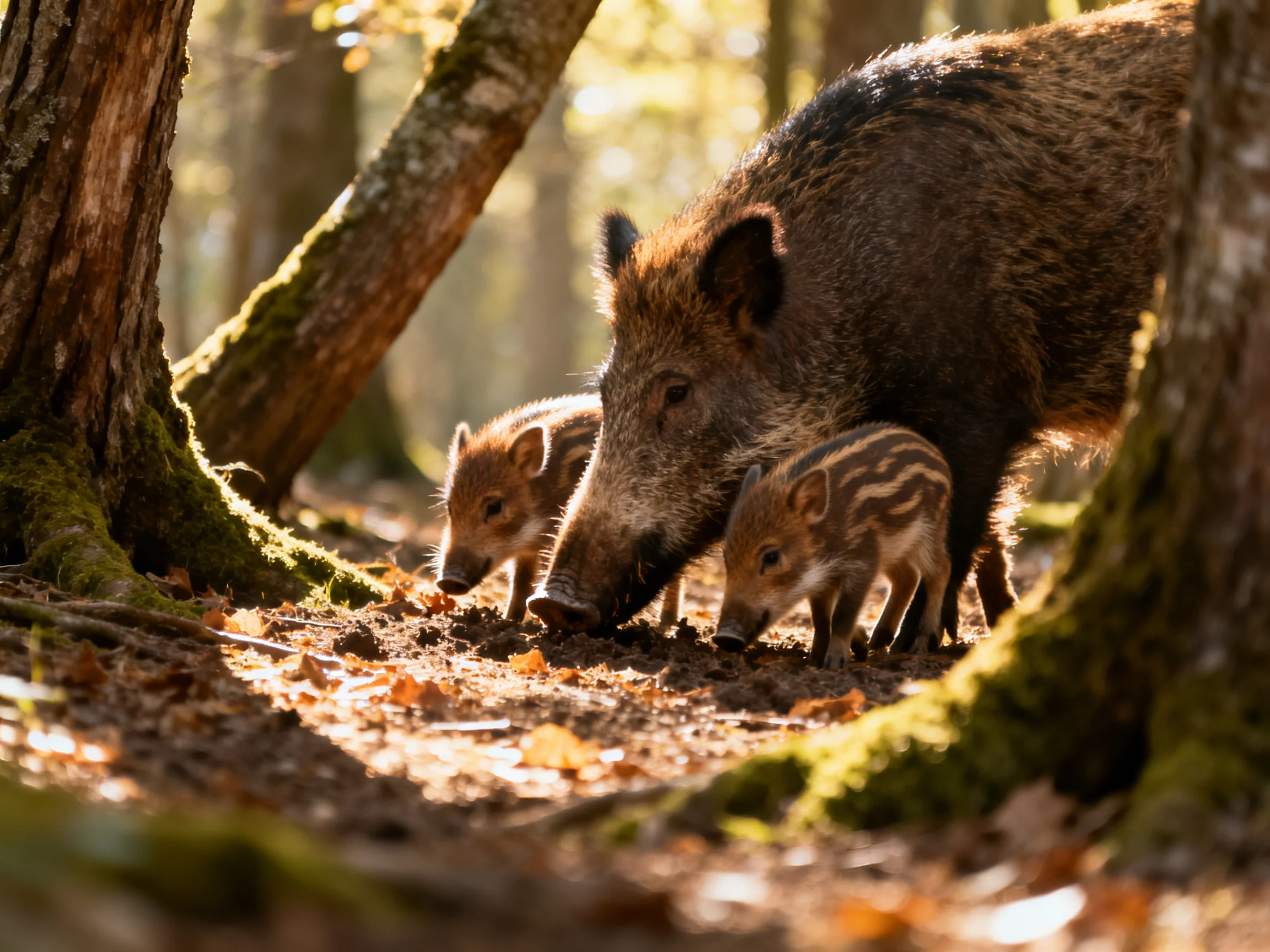 A wild boar family forages in a sun-dappled forest clearing
