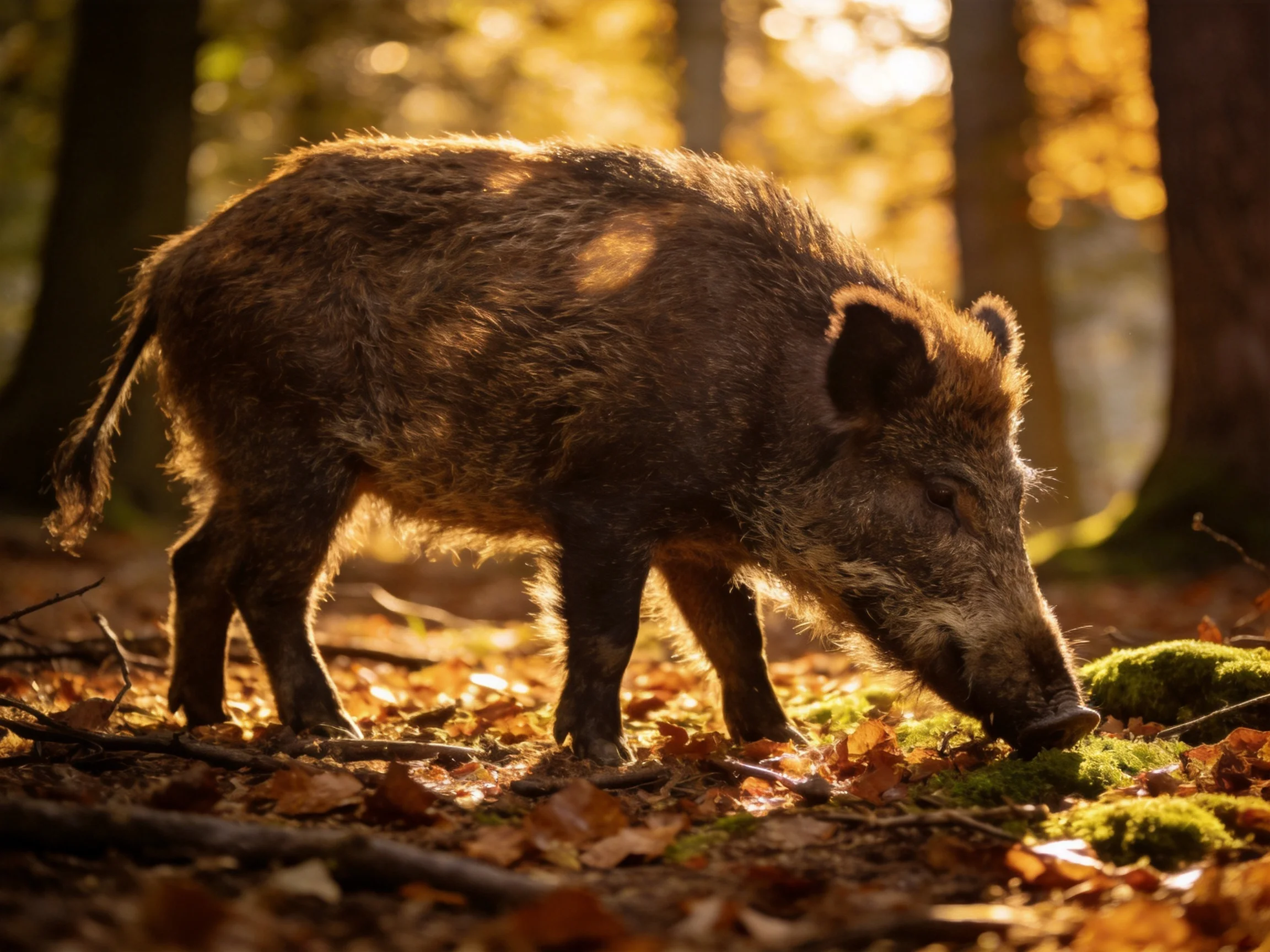 A wild boar forages amid golden autumn leaves and mossy ground