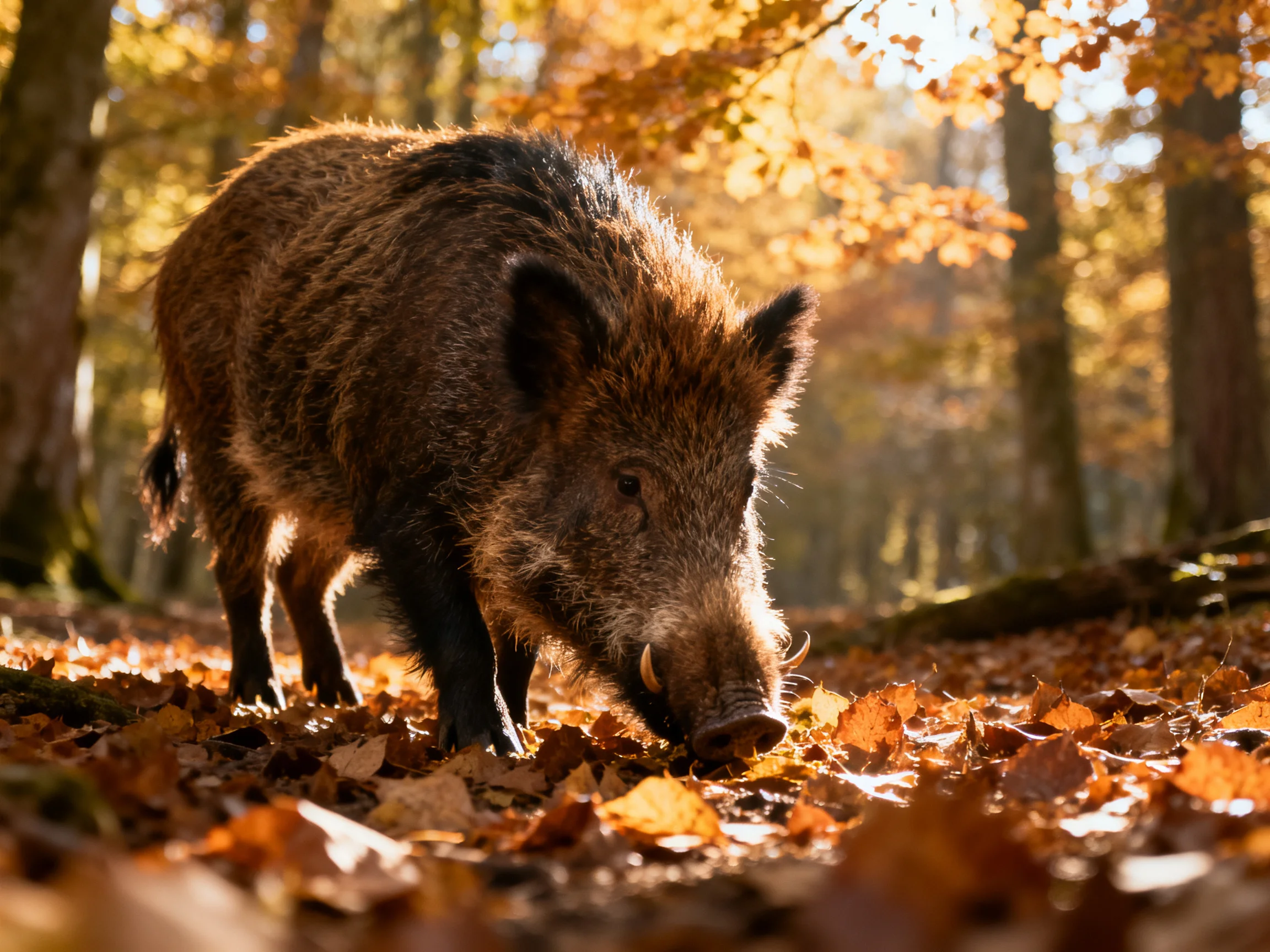 A wild boar forages amid golden autumn leaves in a sunlit forest