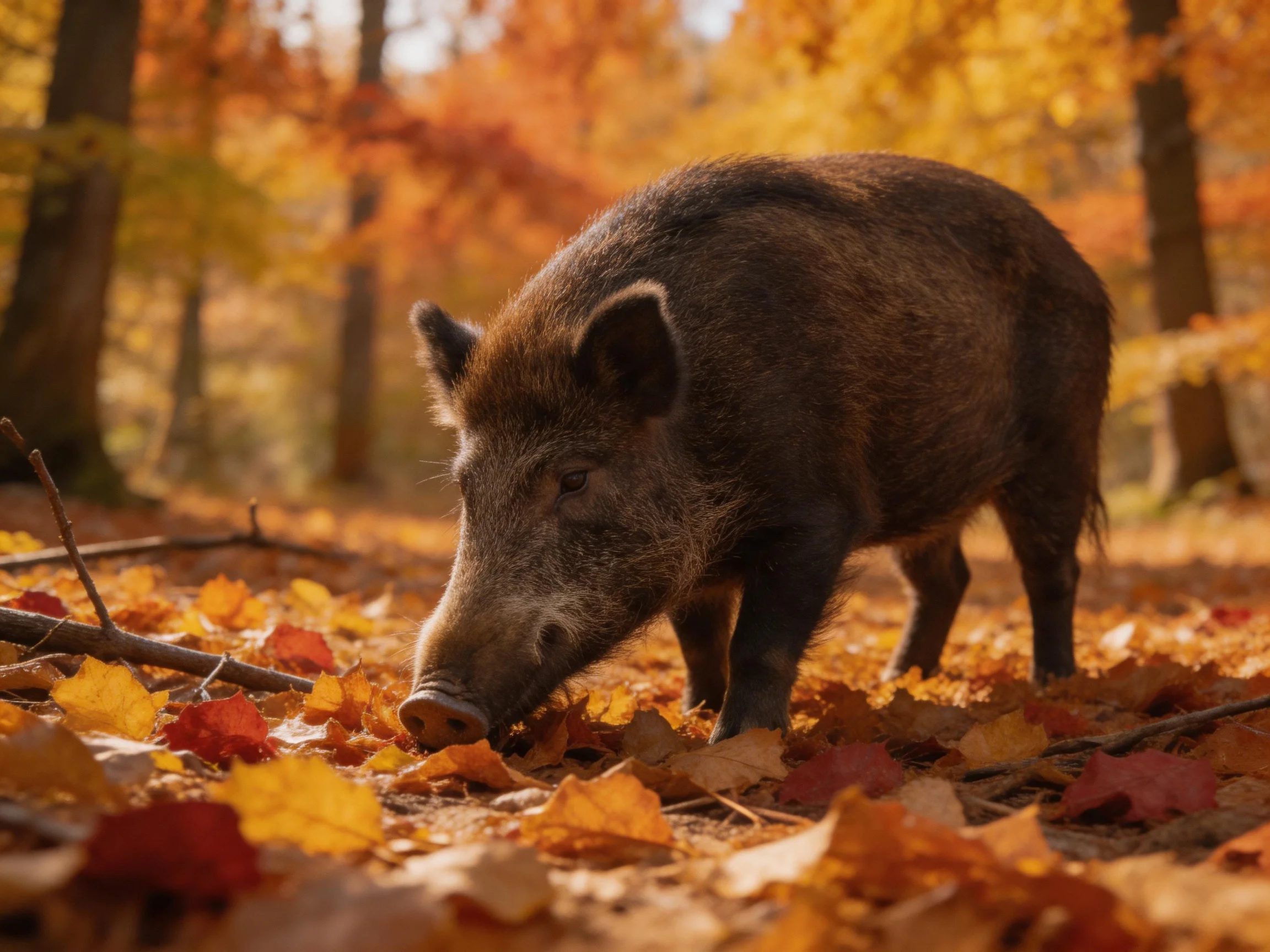 A wild boar forages amid vibrant autumn leaves in a sunlit forest
