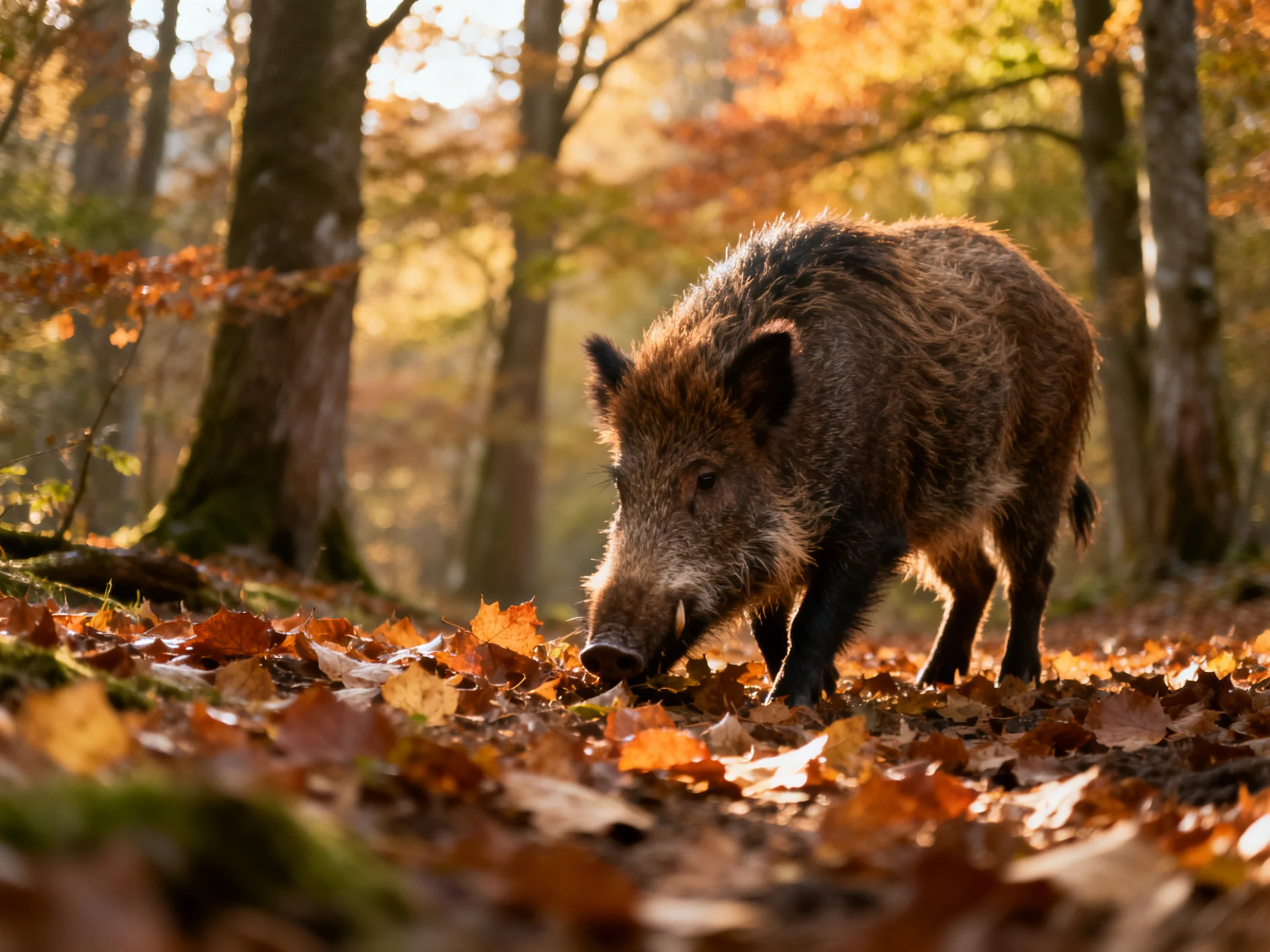 A wild boar explores a forest floor covered in autumn leaves