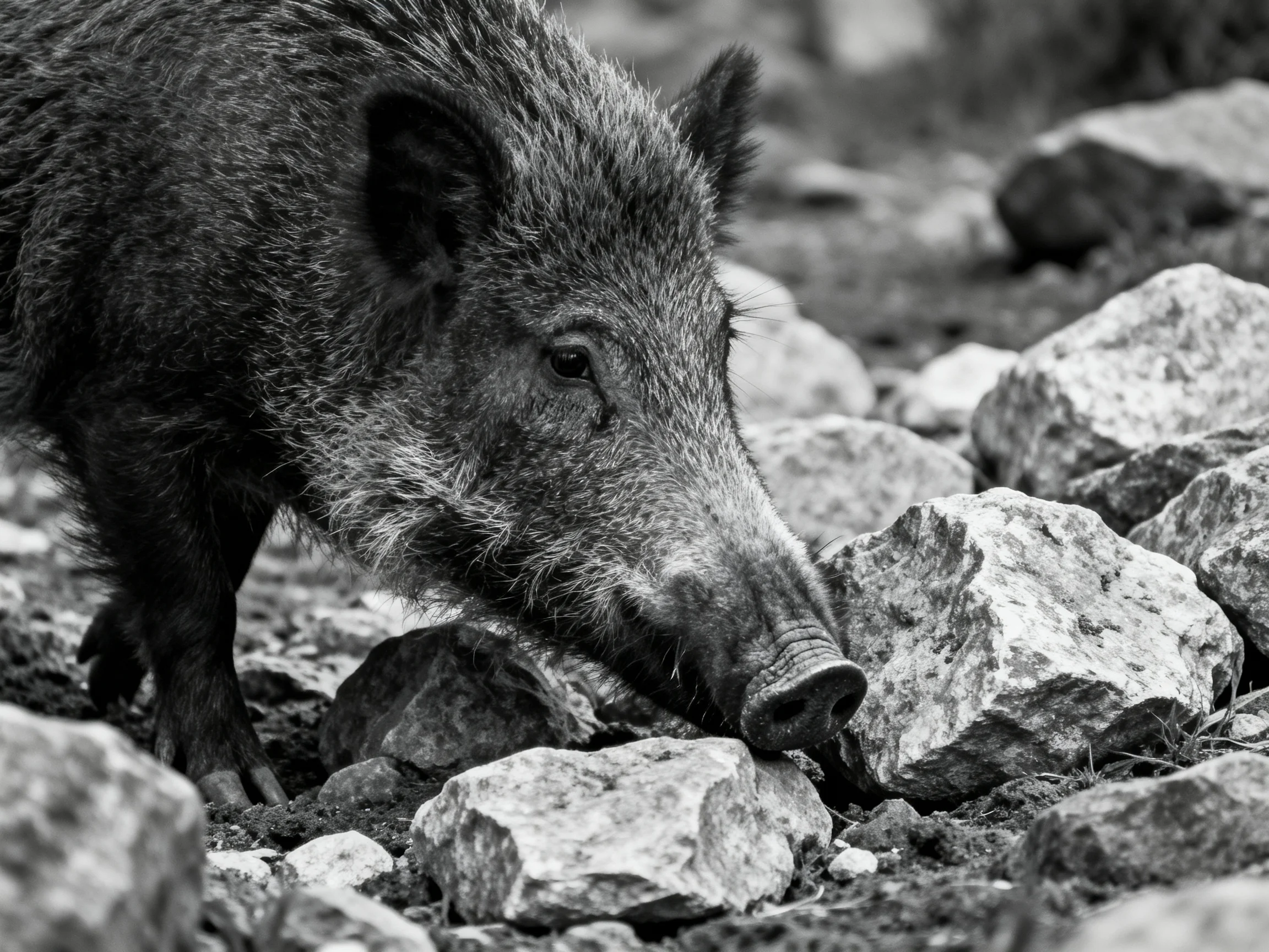 A wild boar investigates the rocky ground surrounded by scattered stones.