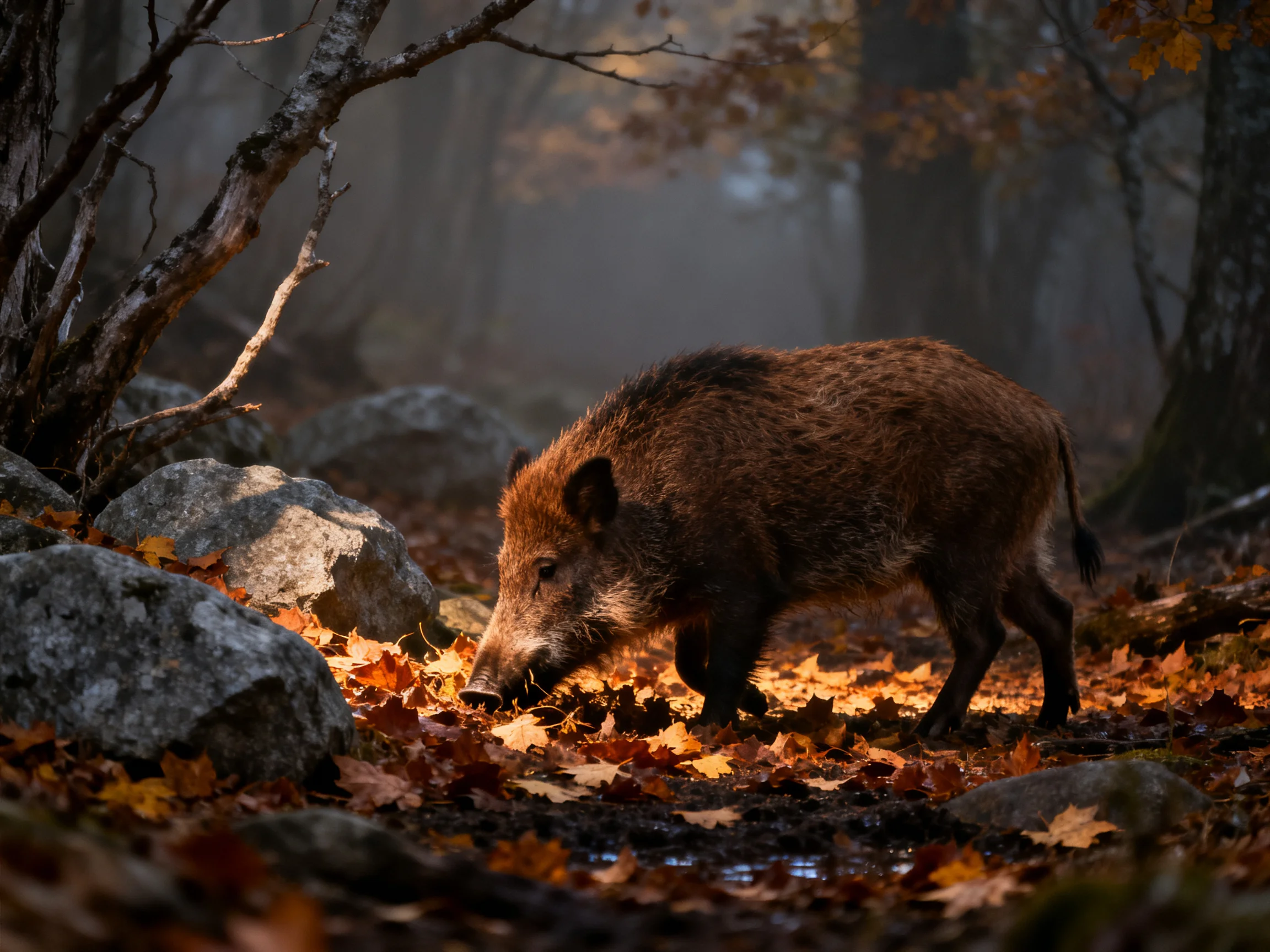 A wild boar explores a misty autumn forest floor near rocks
