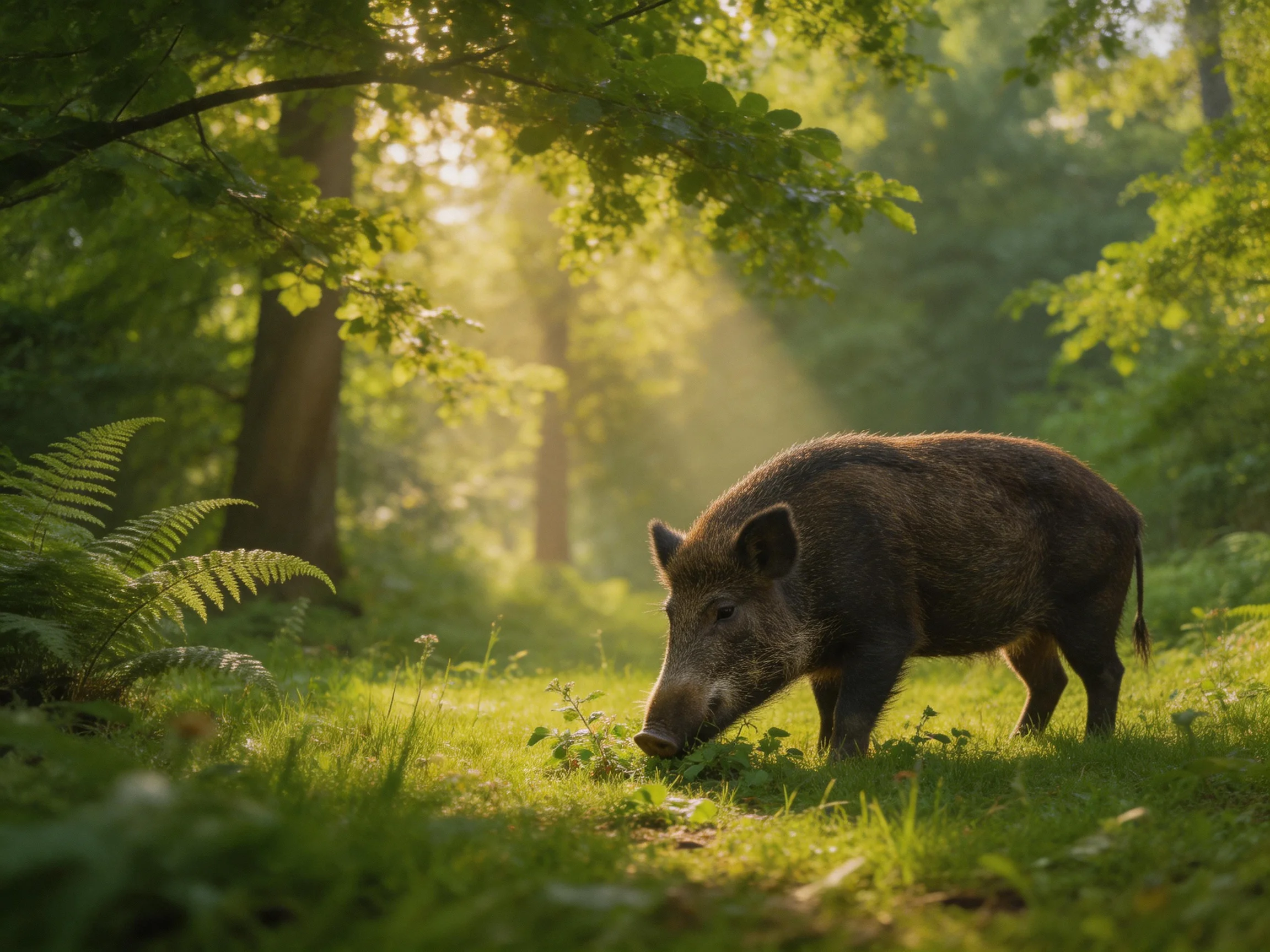 A wild boar forages in a sun-dappled, lush forest clearing