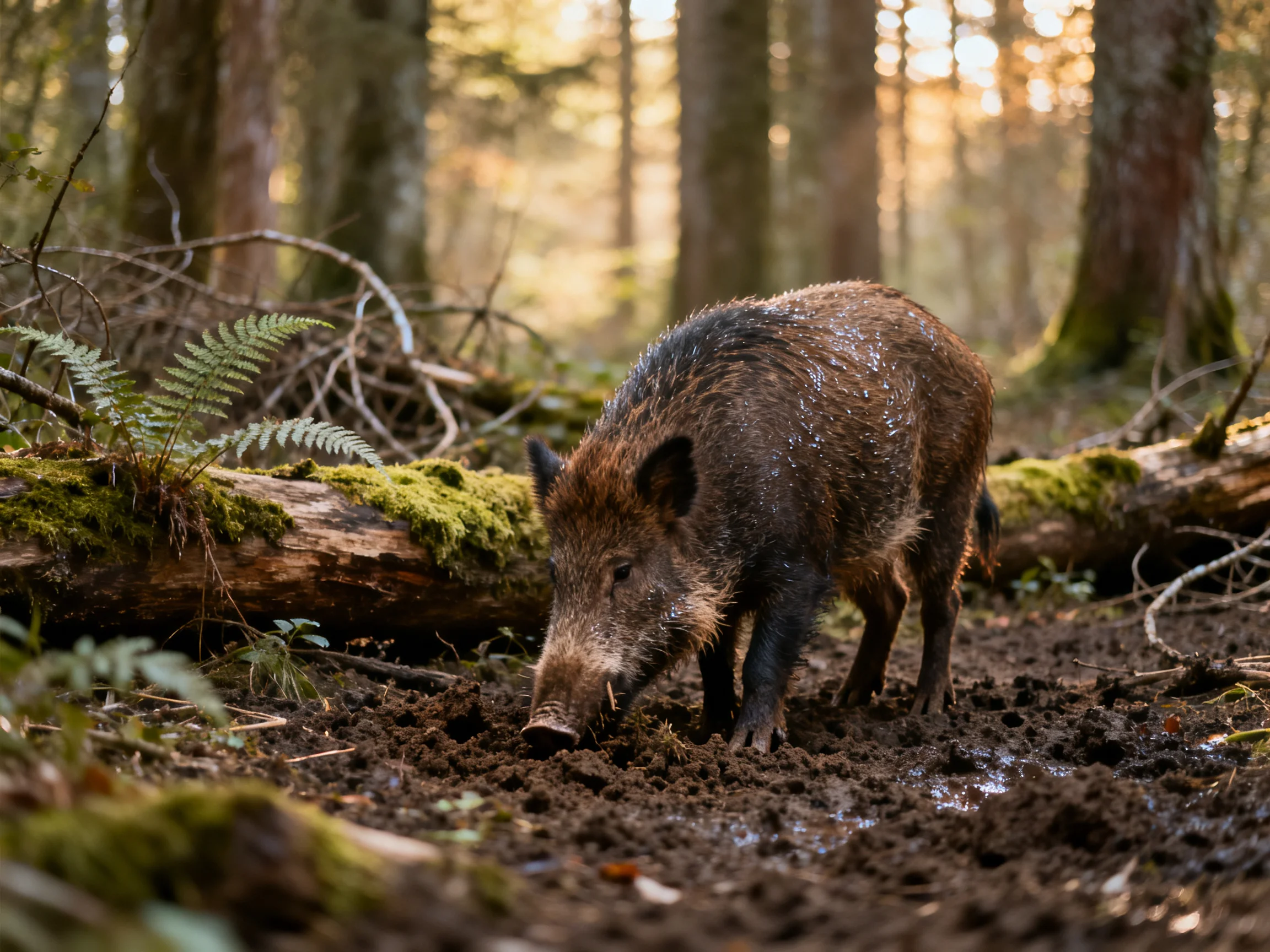 A wild boar forages in a sunlit forest with moss-coveredcovered logs