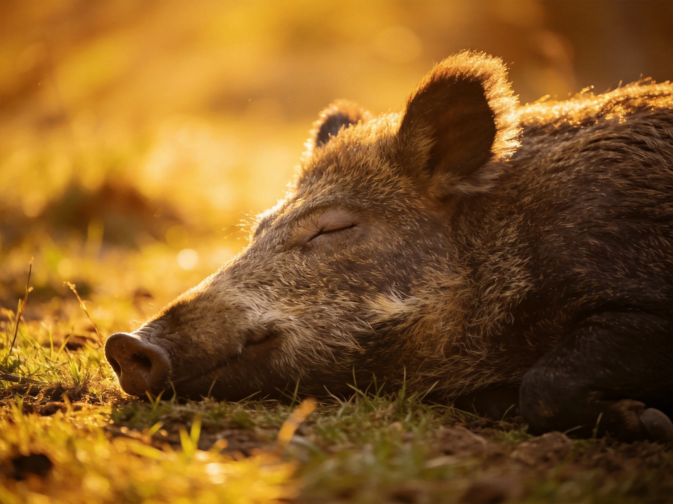 A wild boar napping in warm golden sunlight on grass
