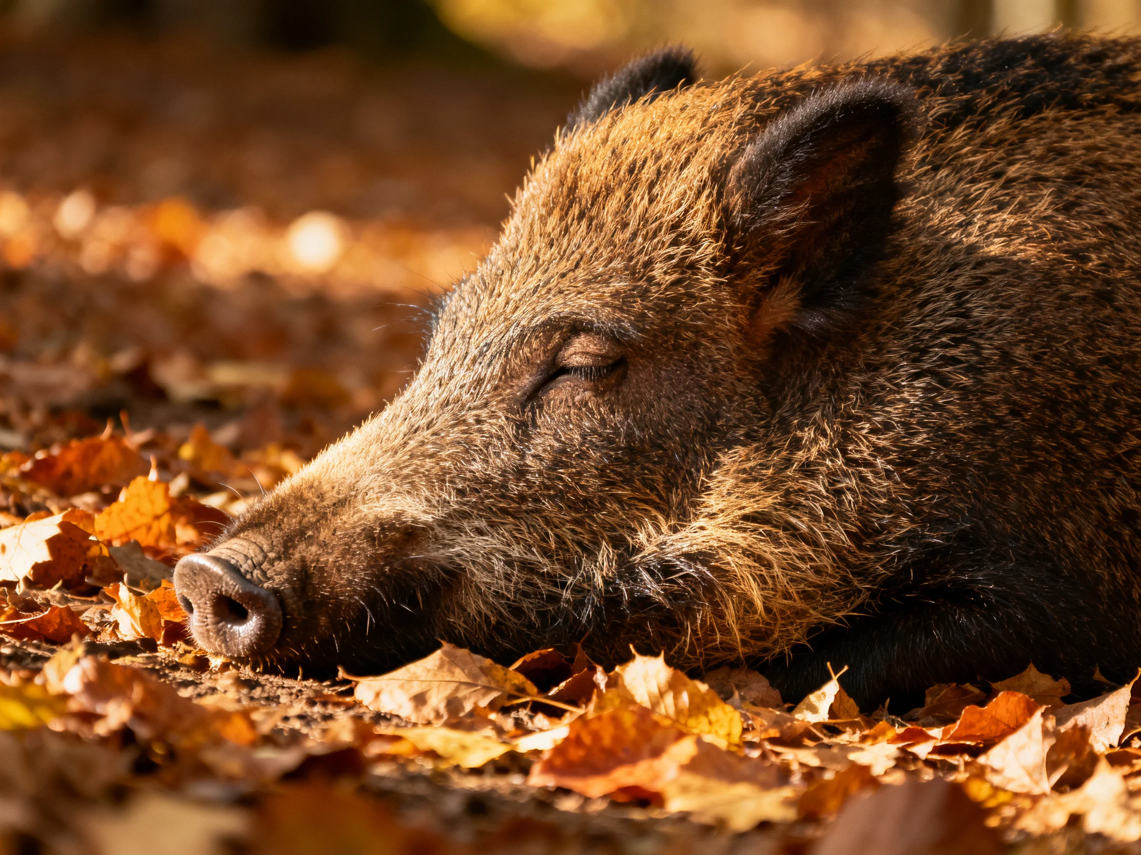 A wild boar rests amid golden-brown autumn leaves in soft sunlight