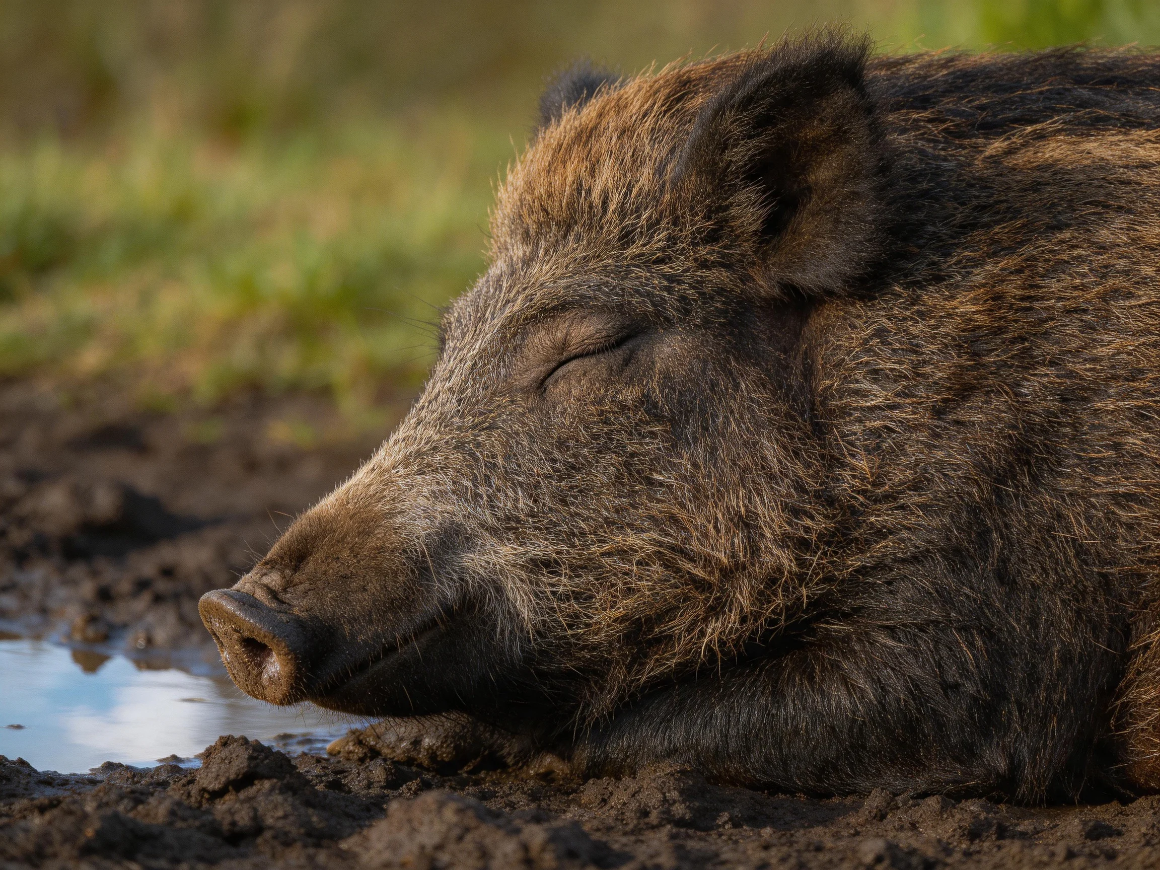 A wild boar rests in muddy terrain with earthy tones and greenery