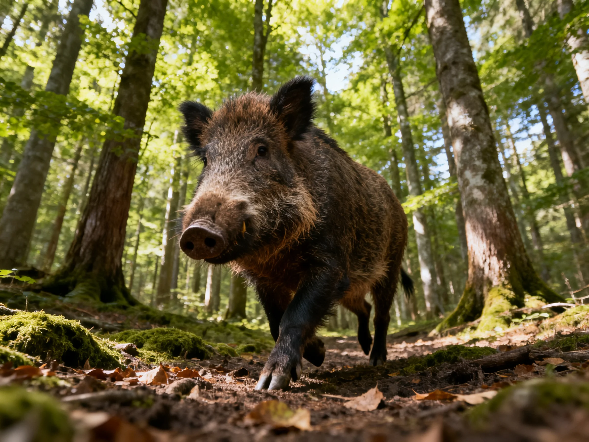 A wild boar roams through a lush, moss-covered forest