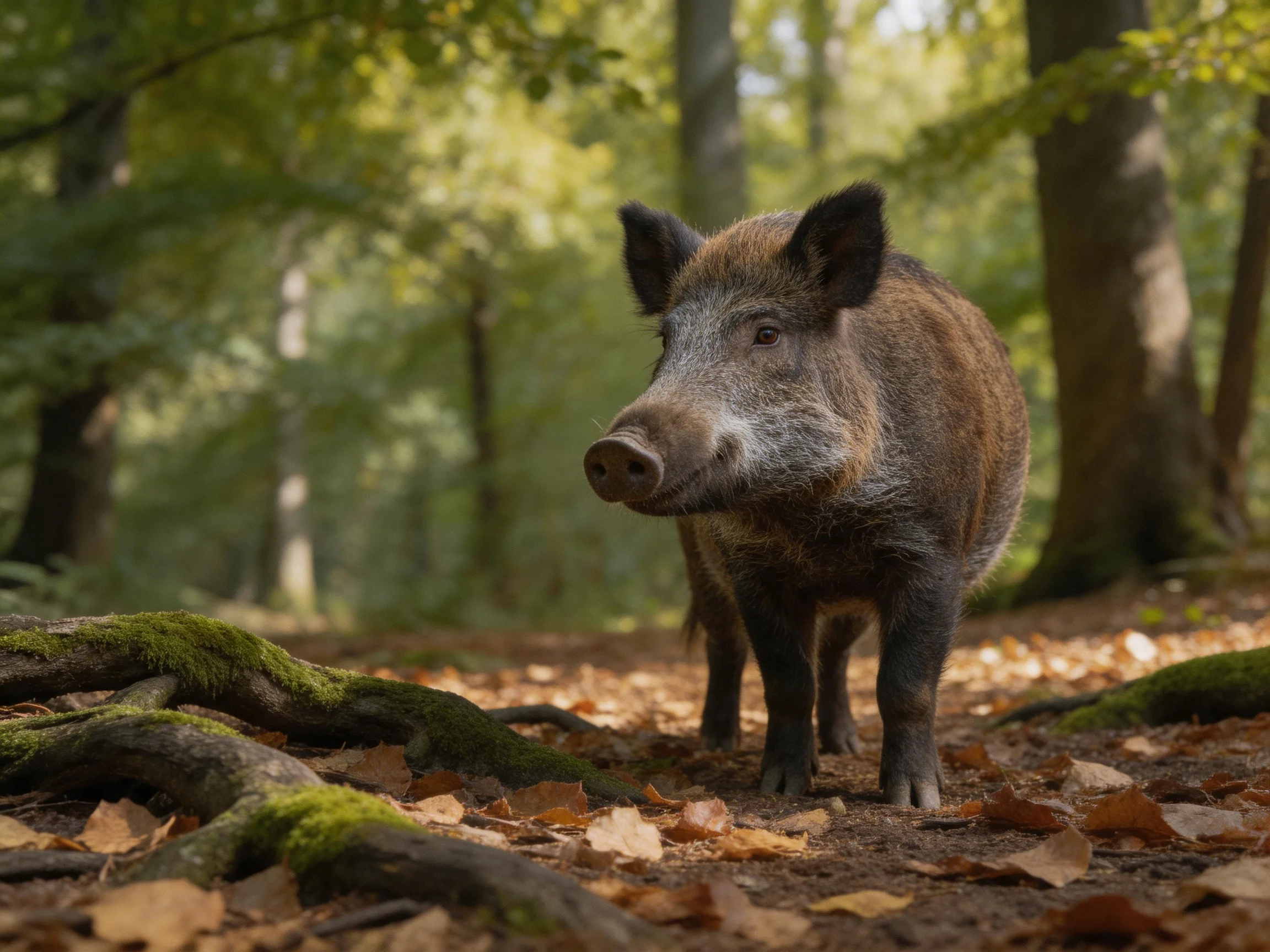 A wild boar stands amid mossy roots and fallen autumn leaves in a sun-dappled forest