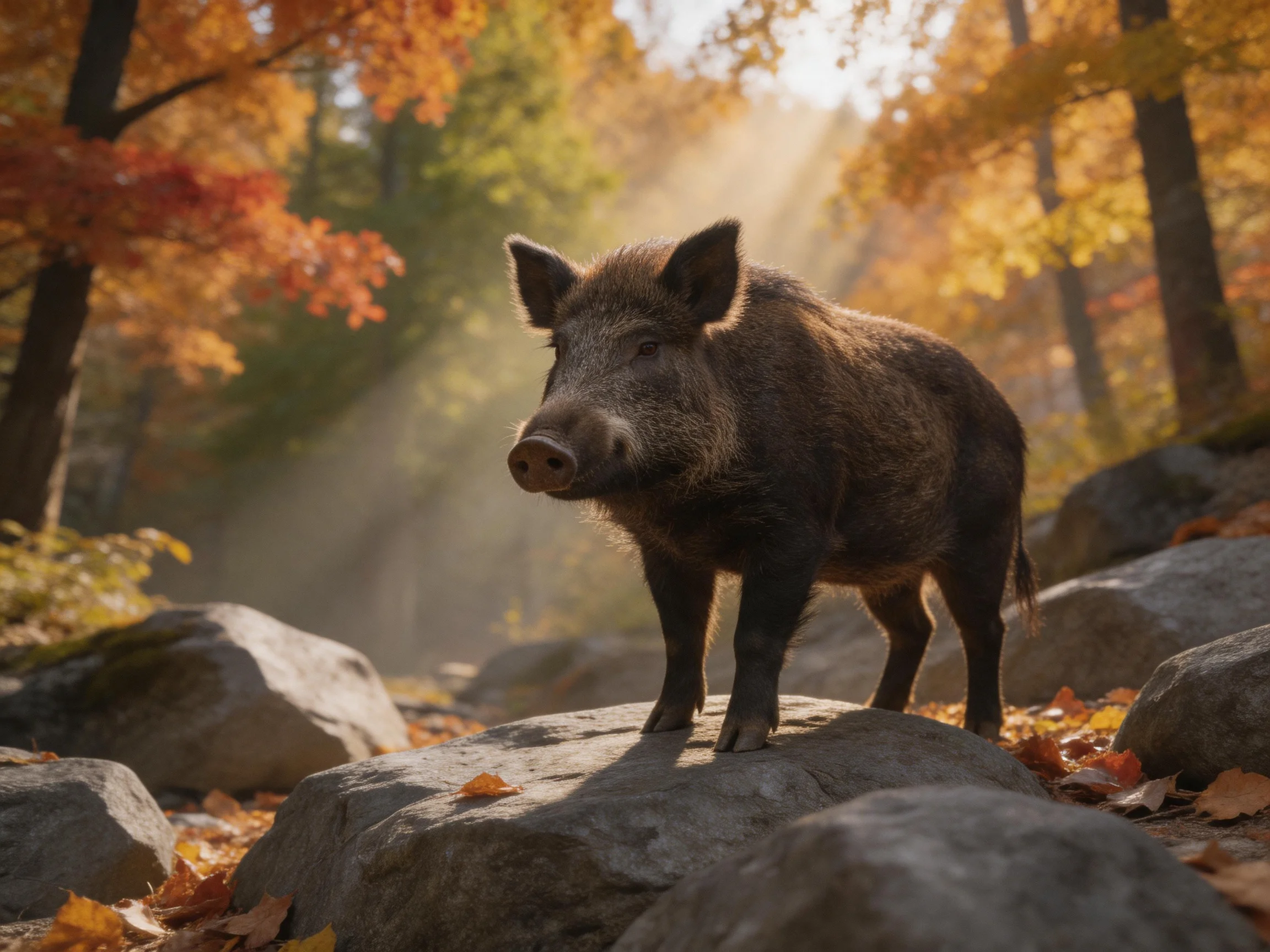 A wild boar stands on large rocks in a sunlit autumn forest with golden foliage