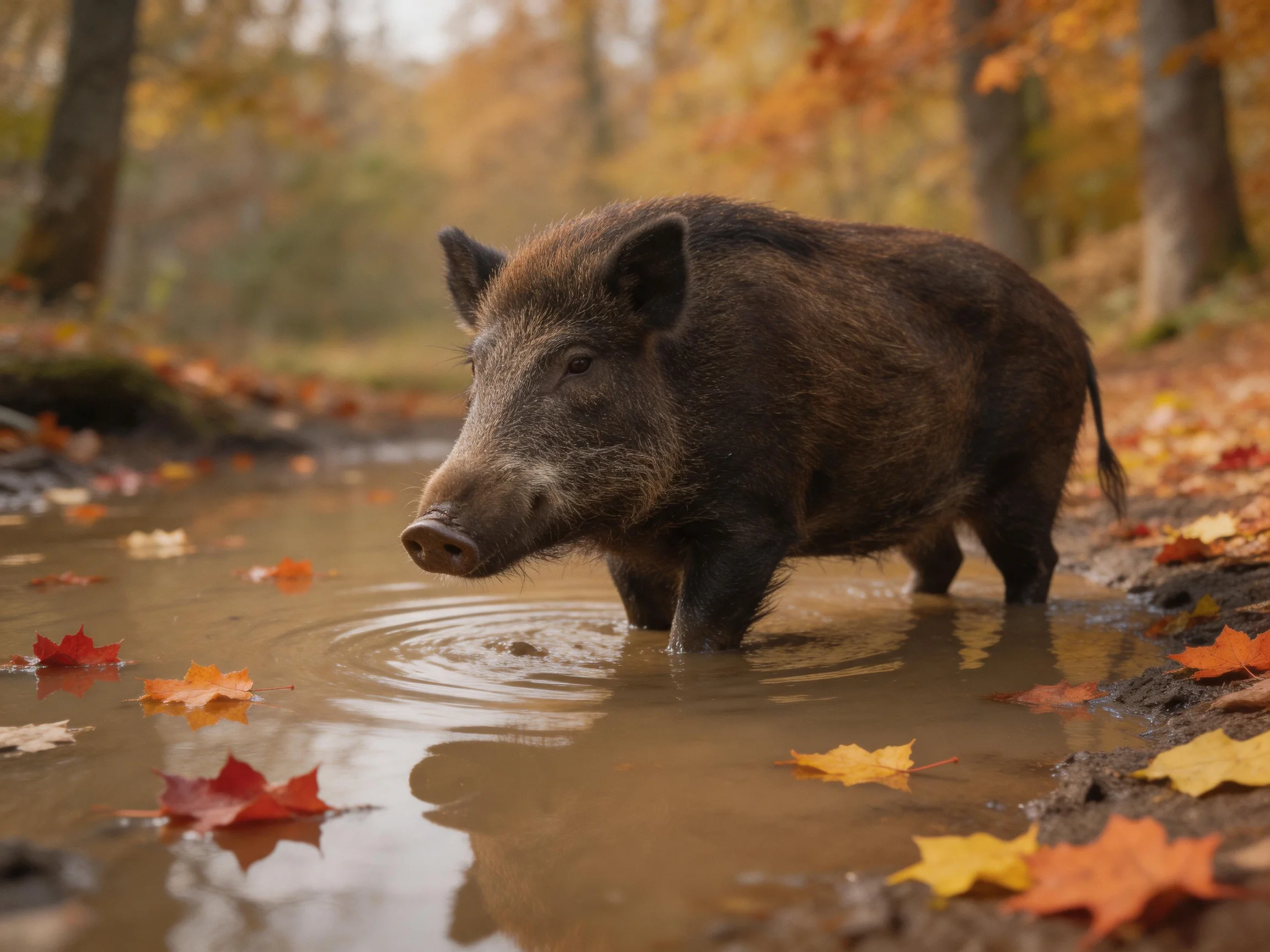 A wild boar wades through an autumnal forest stream
