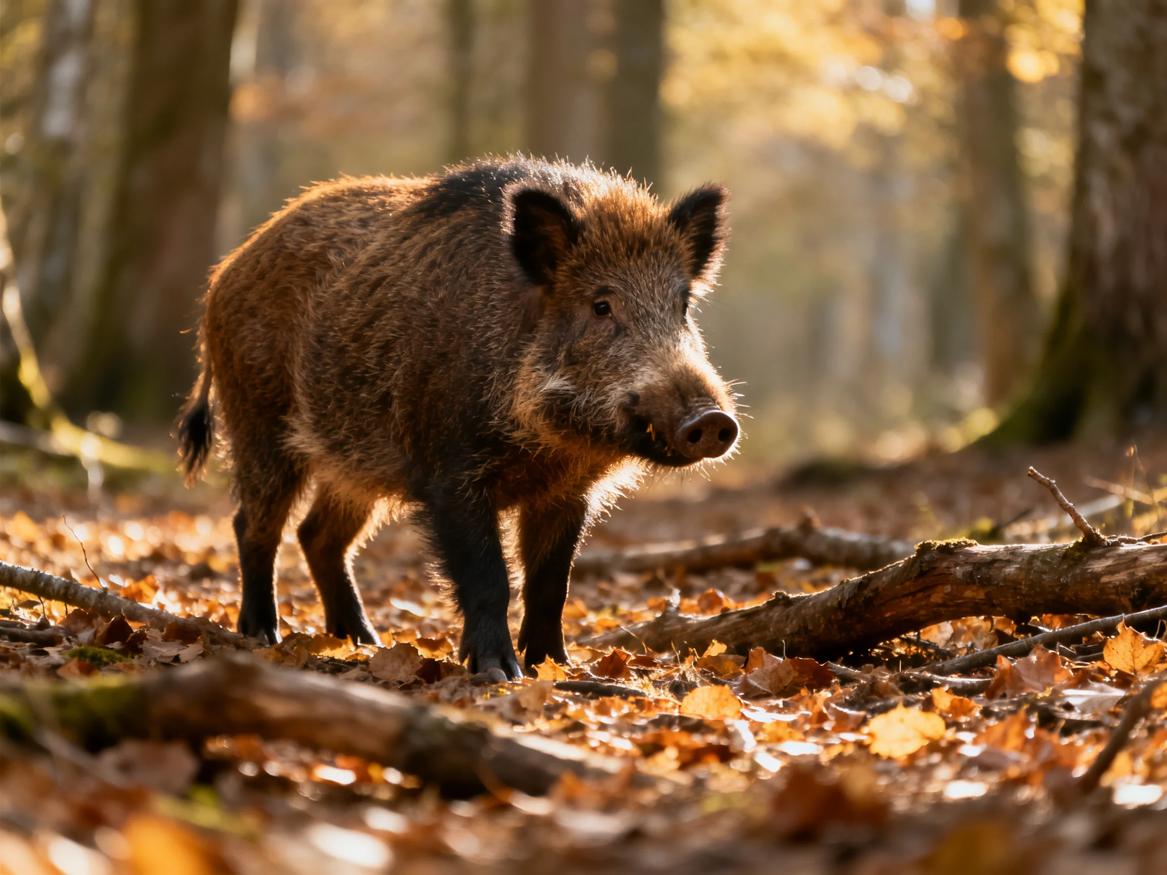 A wild boar wanders through a forest blanketed in golden autumn leaves