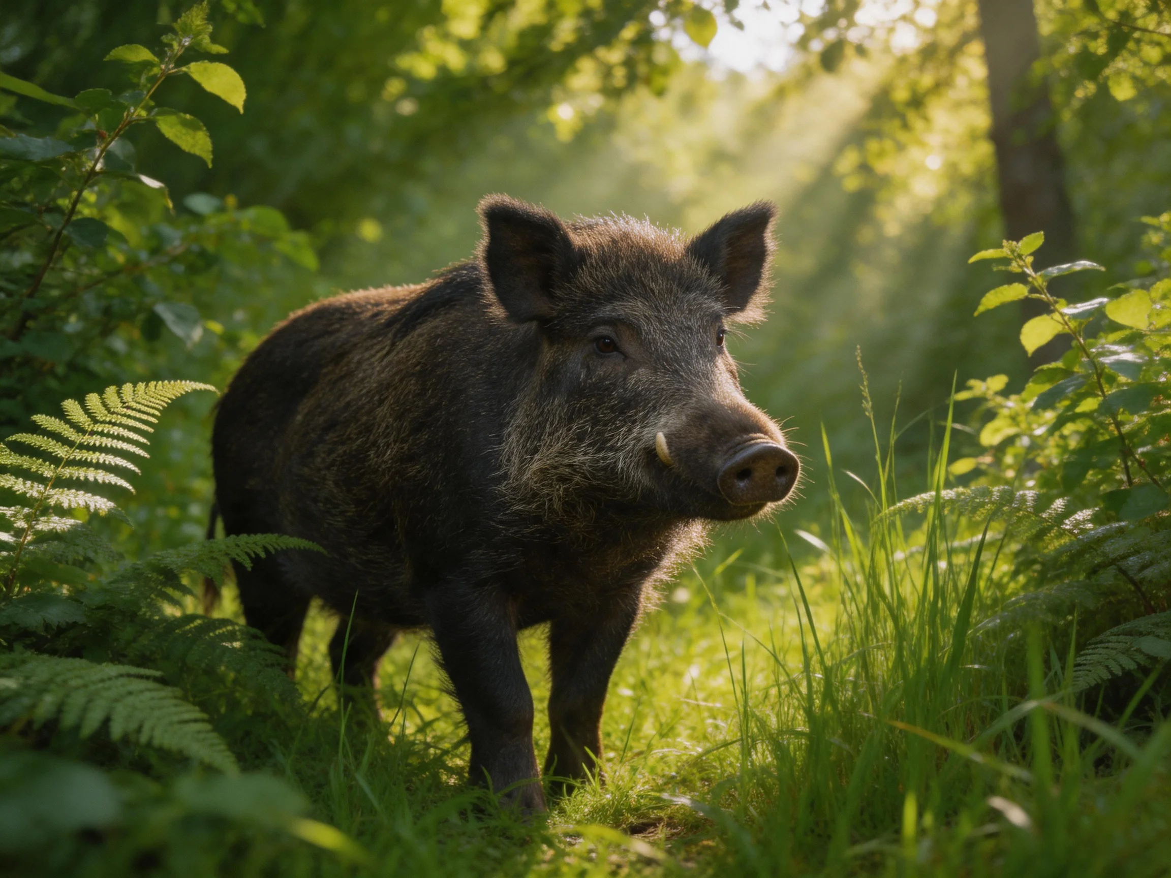 A wild boar wanders through sunlit, dense forest undergrowth