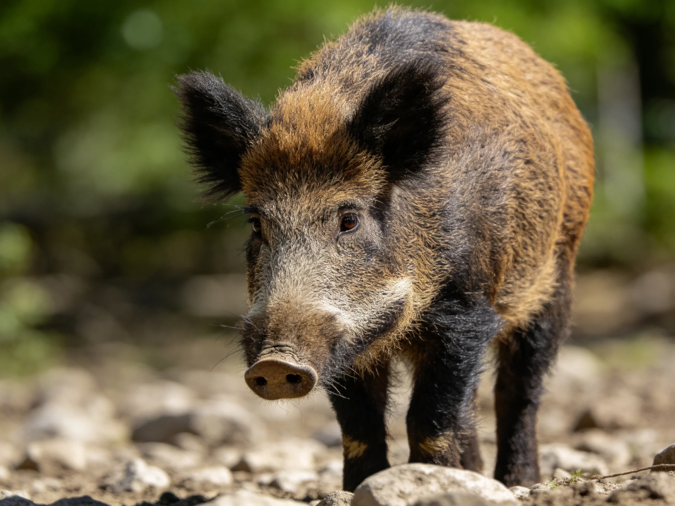 A wild boar with brown and black fur on rocky terrain near greenery
