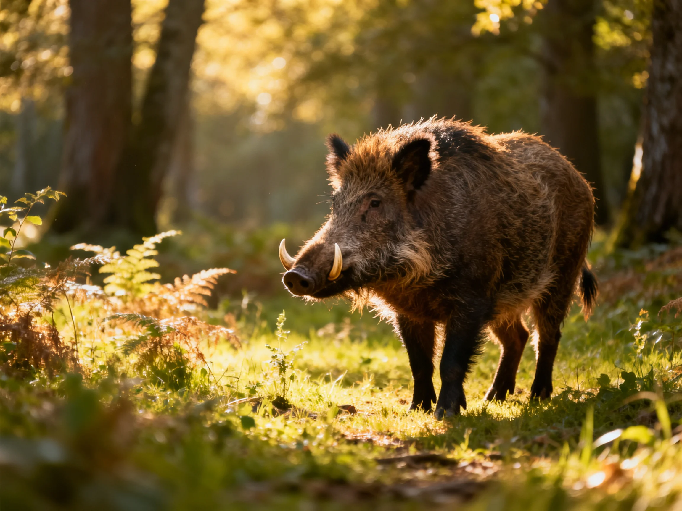 A wild boar with curved tusks in a sunlit forest glade