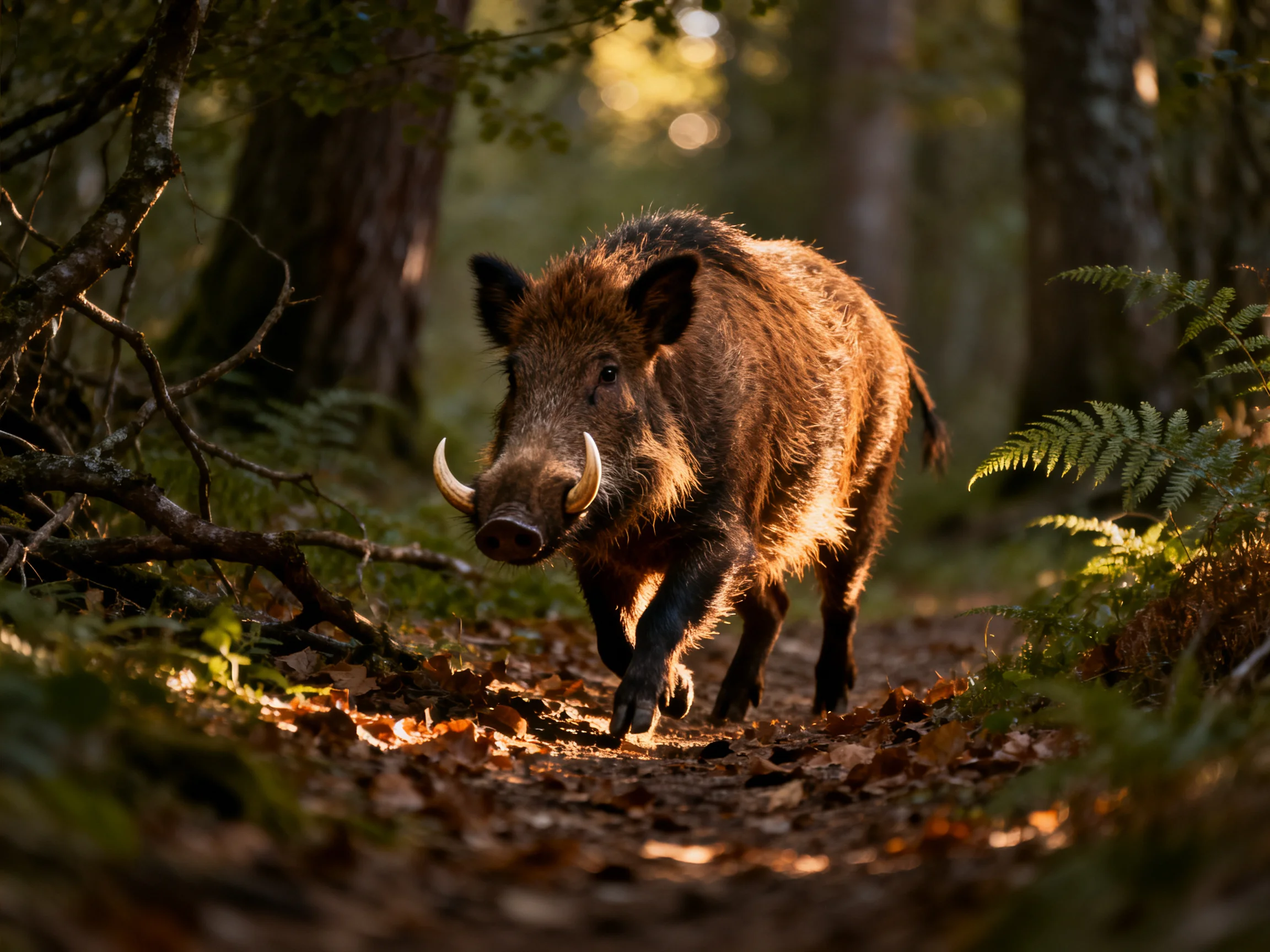 A wild boar with curved tusks roams a sun-dappled forest trail