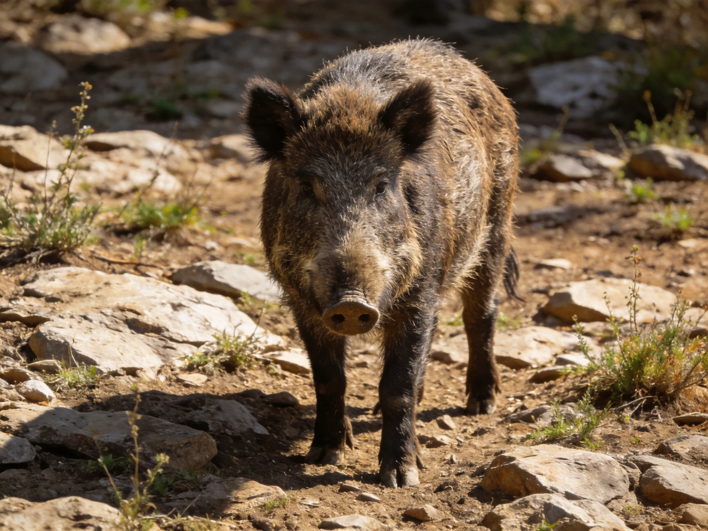 A wild boar with dark brown fur navigates rocky terrain near sparse greenery