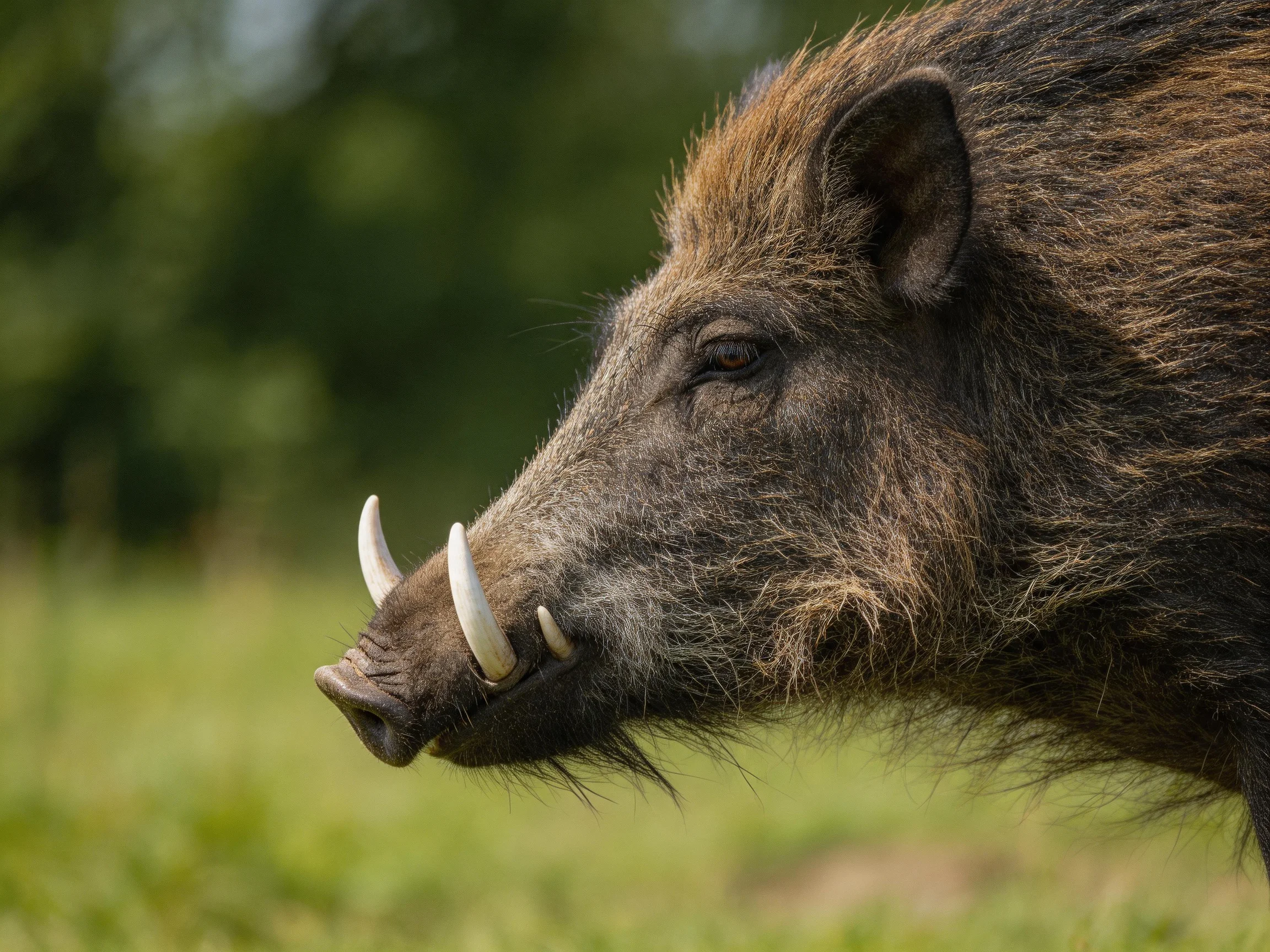 A wild boar with prominent tusks in a lush green landscape
