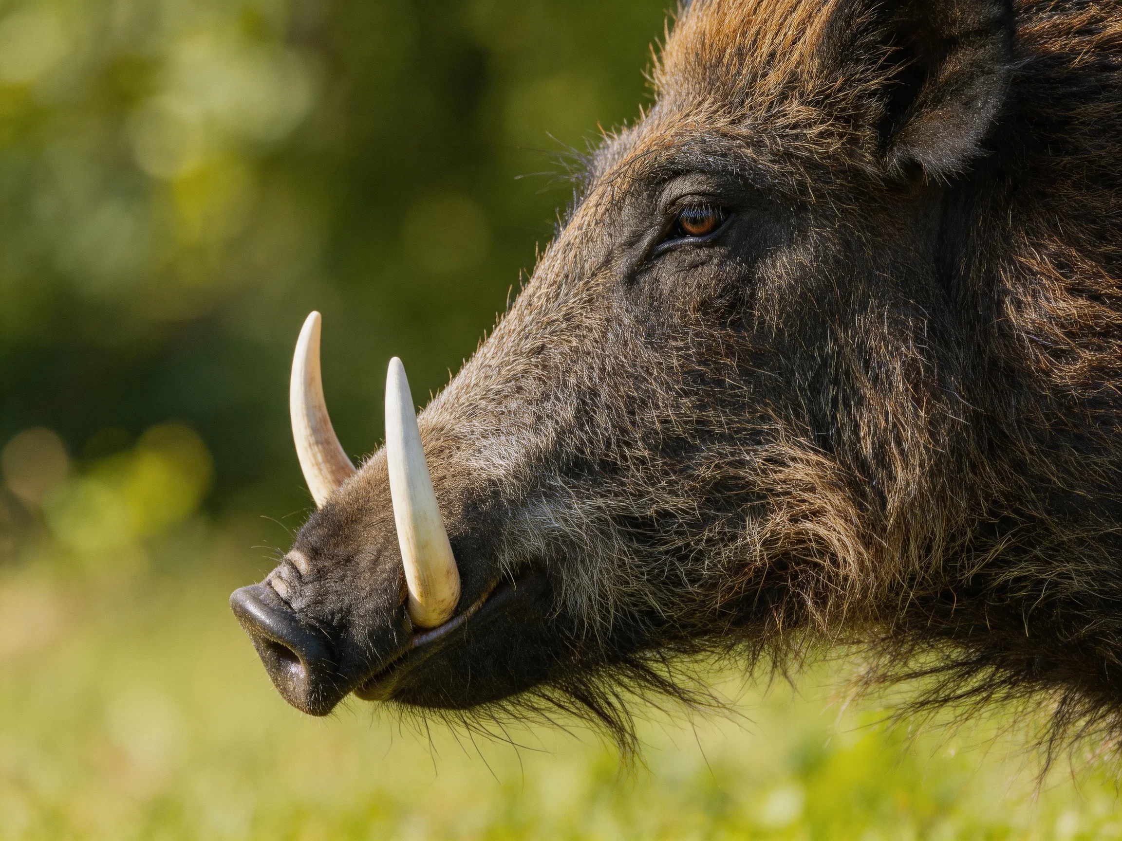 A wild boar with prominent tusks in a sunlit green landscape