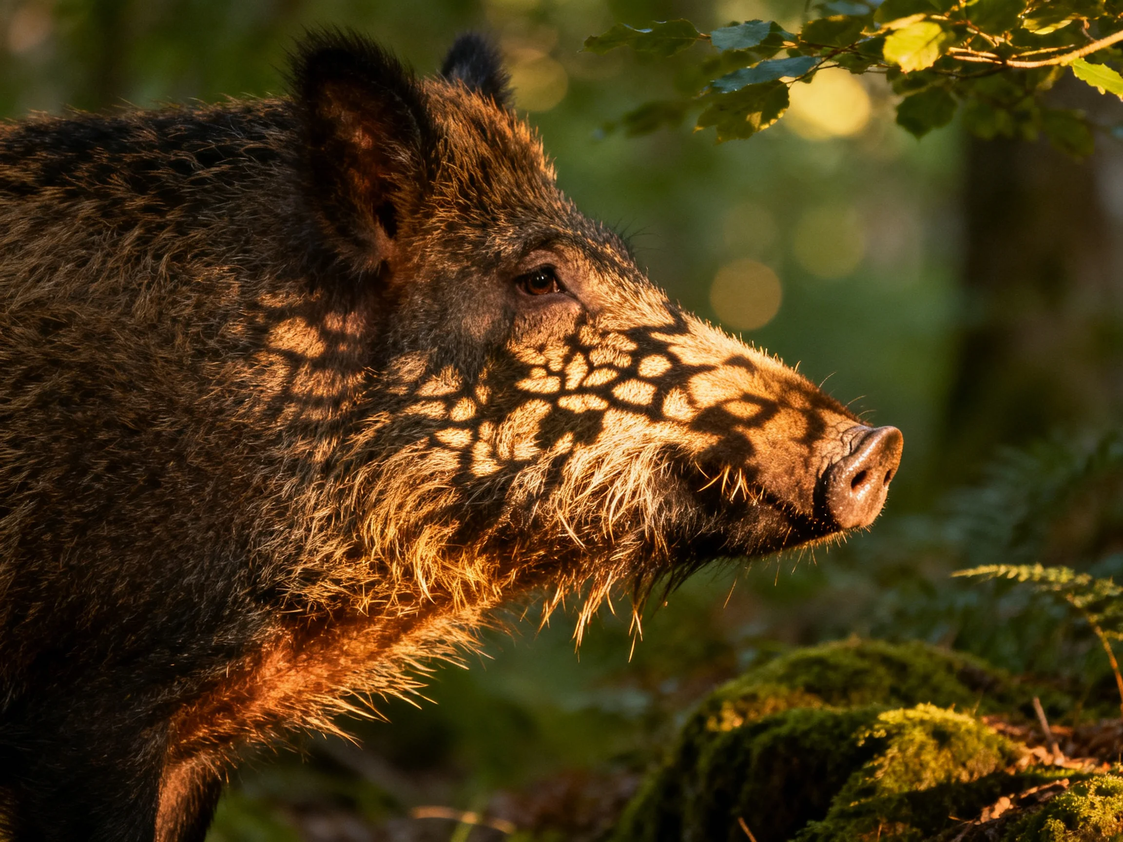 A wild boar with textured fur in a sun-dappled forest clearing