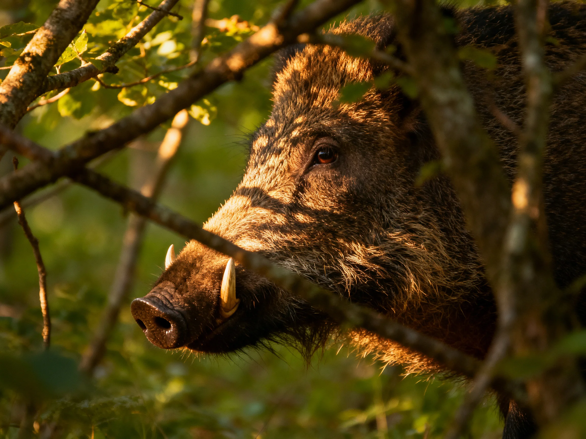 A wild boar with tusks is partially concealed by forest vegetation.