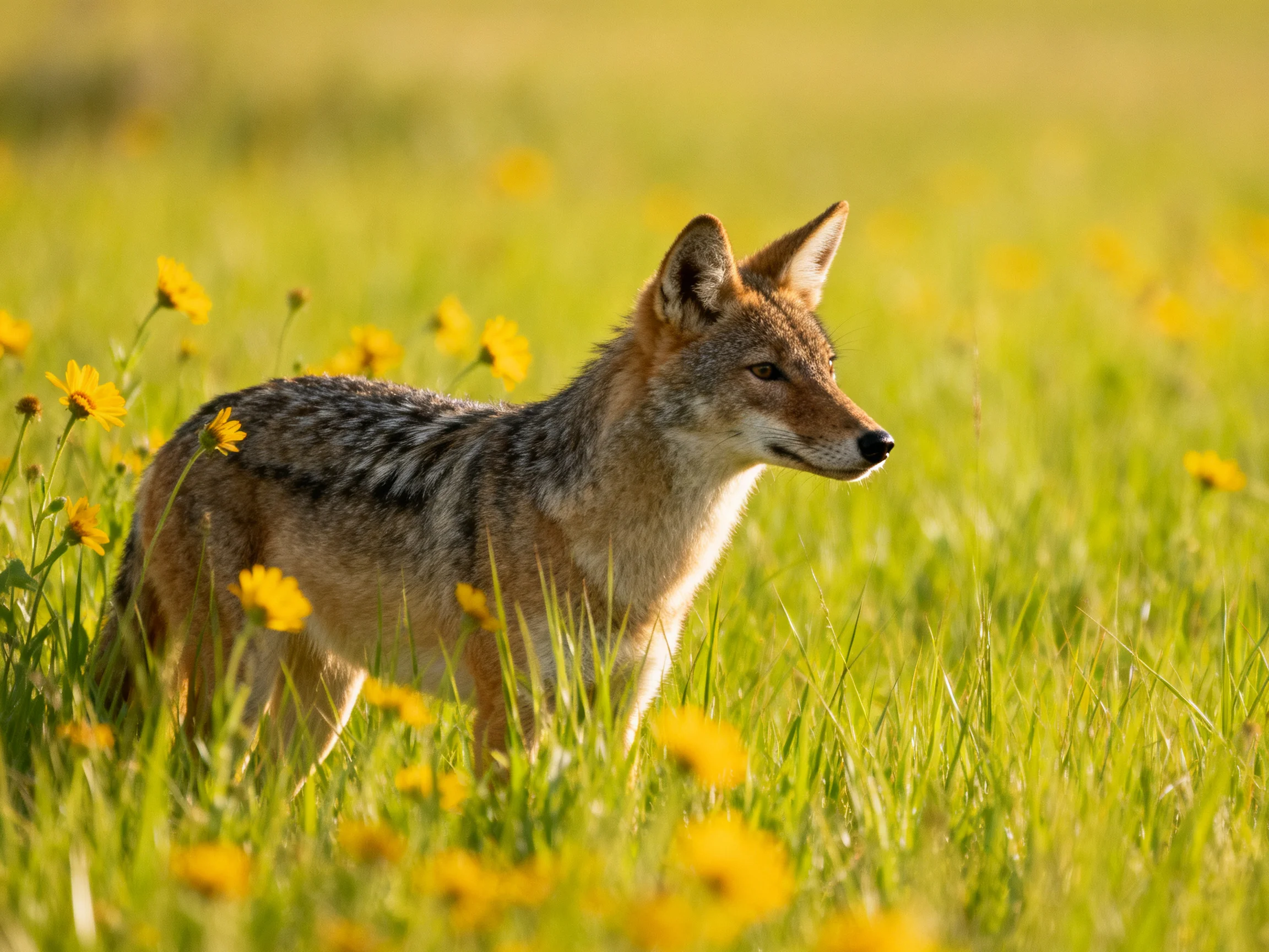 A wild canid in a sun-drenched meadow with tall green grass and yellow flowers