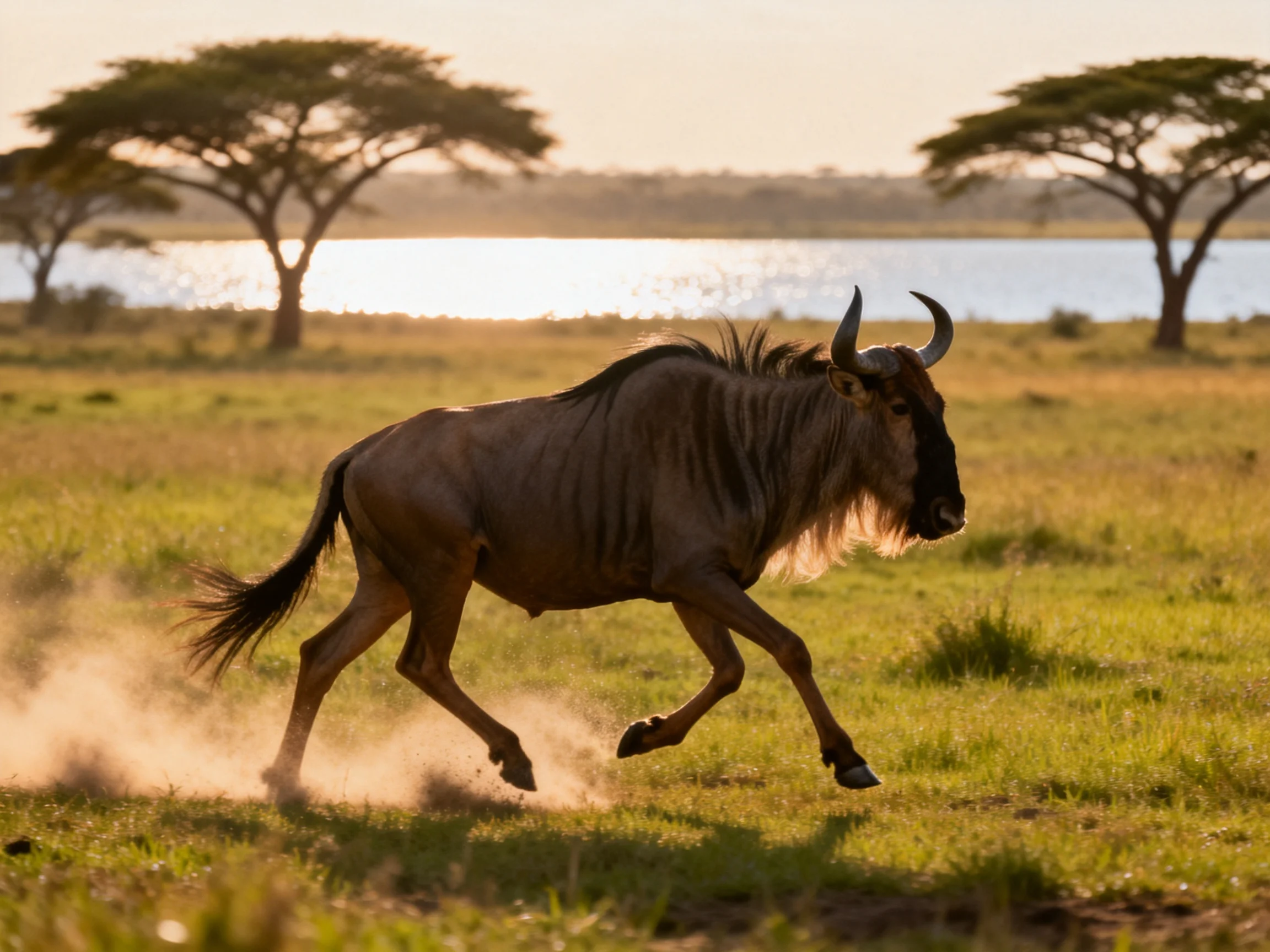 A wildebeest sprints through golden savannah near acacia trees