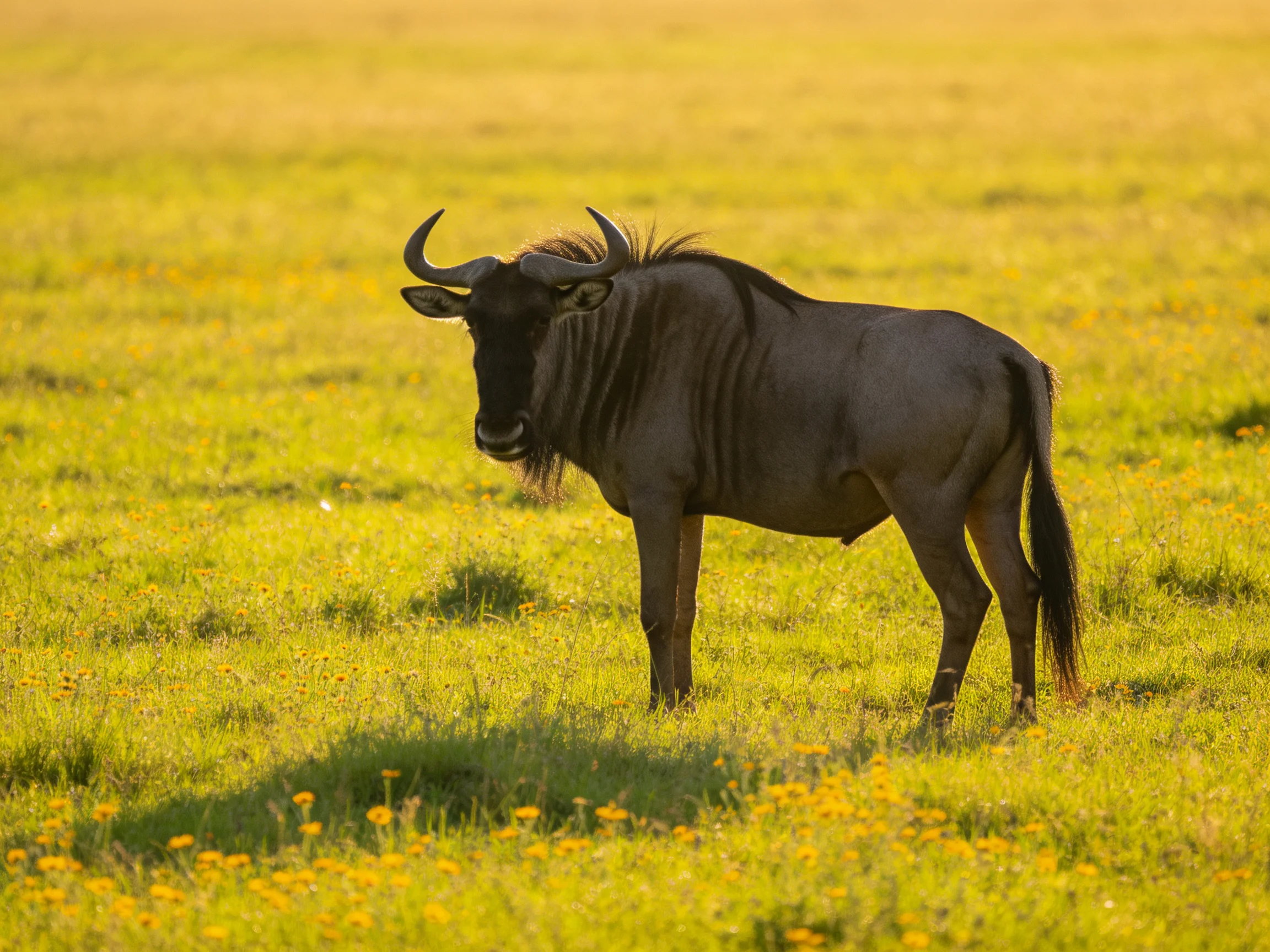 A wildebeest stands in a sunlit yellow-green grassland