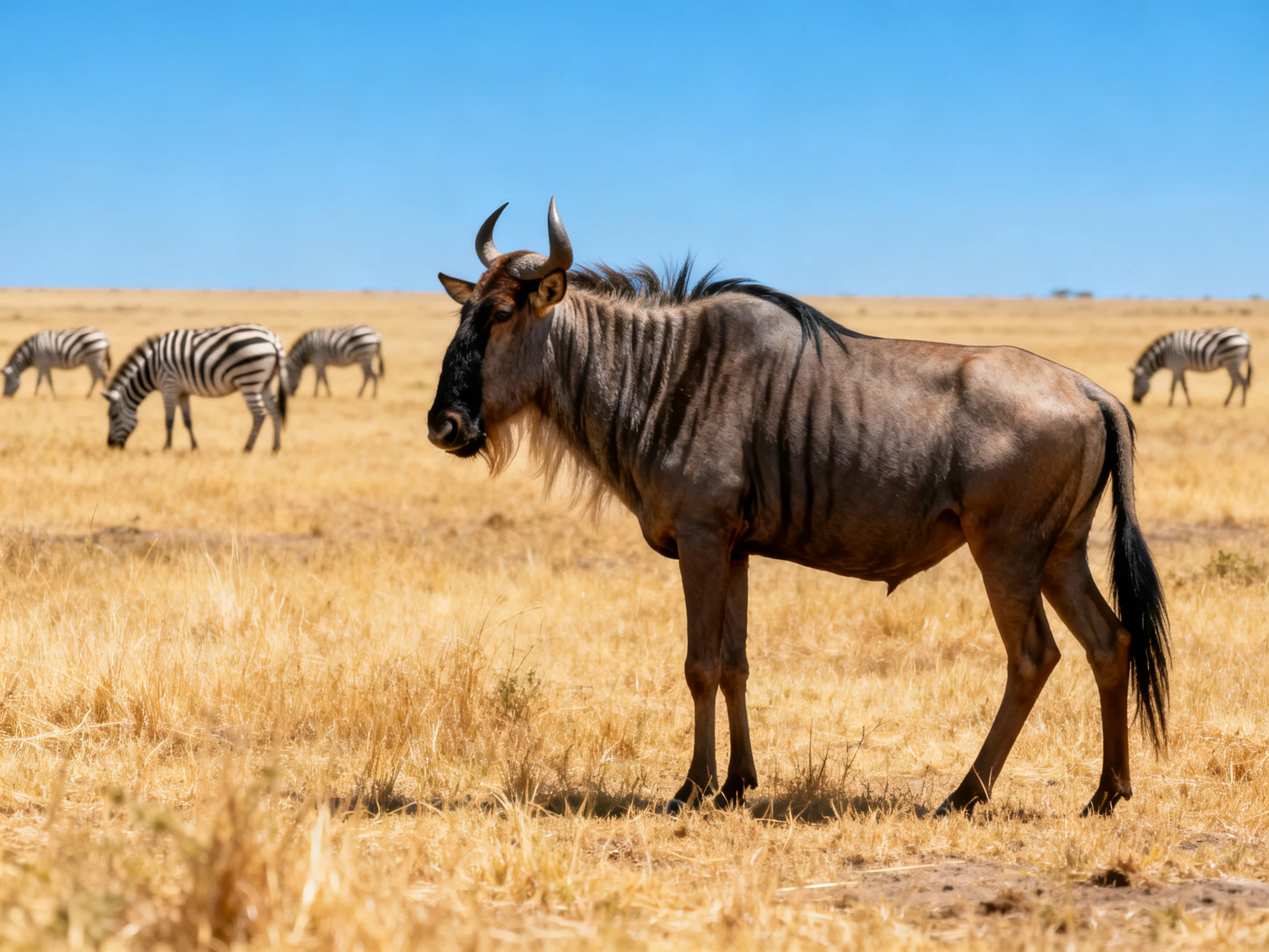 A wildebeest stands near zebras on golden savannah under bright blue sky