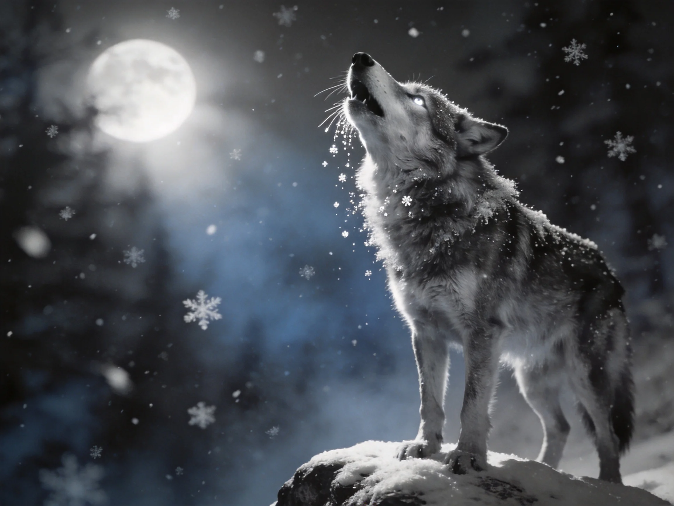 A wolf howls at a glowing full moon amidst falling snowflakes