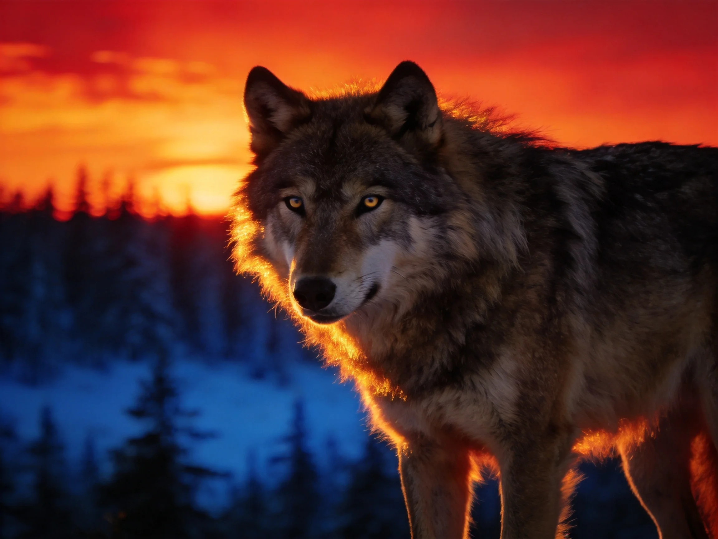 A wolf illuminated by a fiery orange-red sunset over a snowy forest