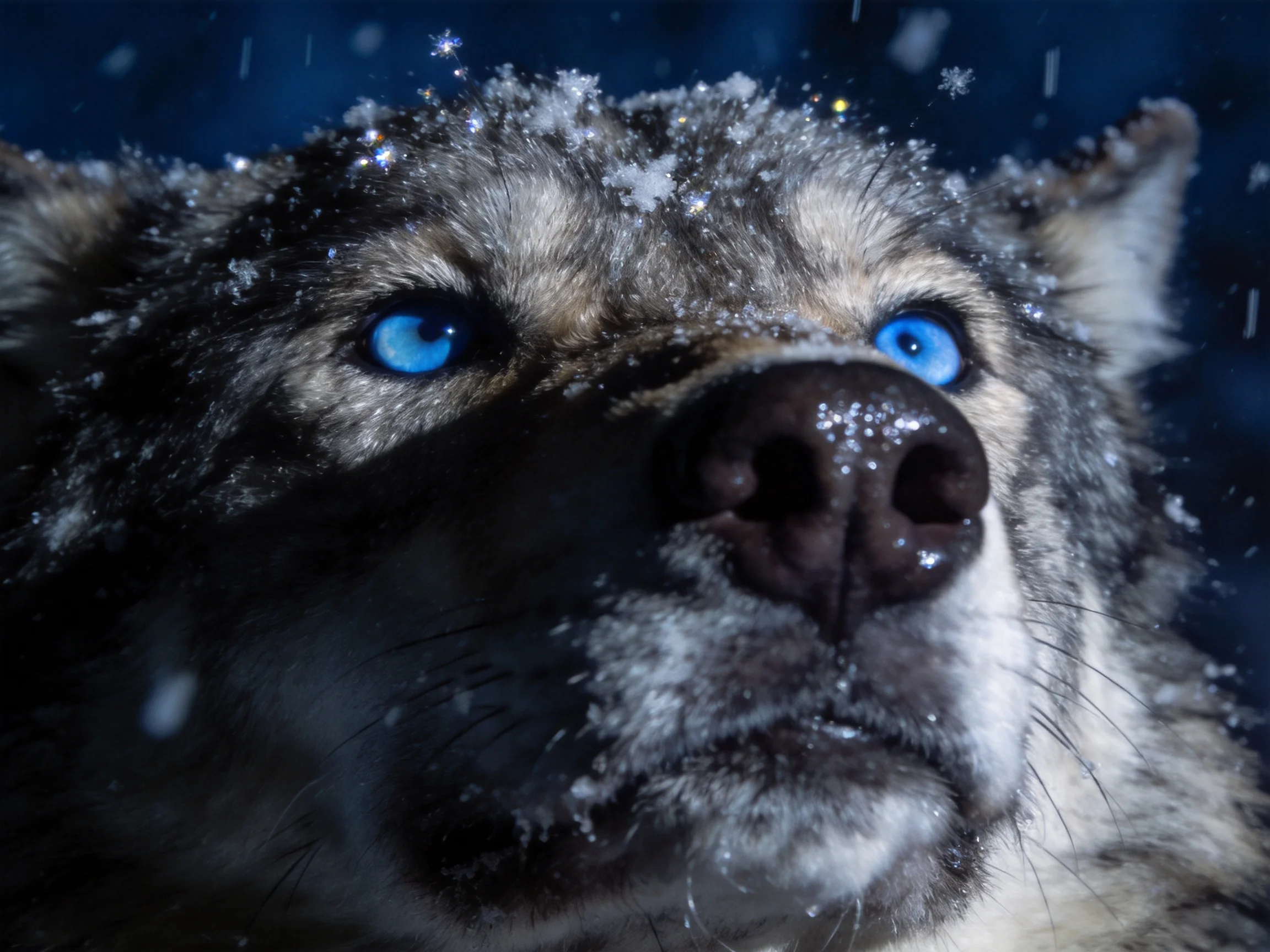 A wolf - like dog with bright blue eyes is amidst falling snow.