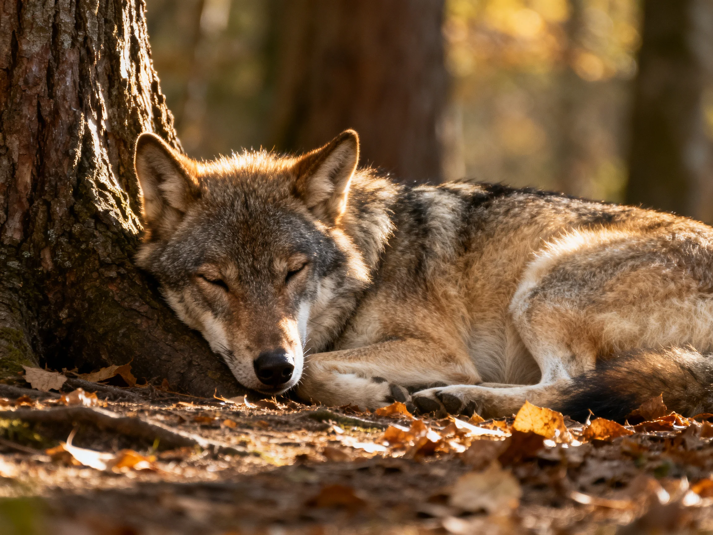 A wolf sleeps peacefully near a tree in a sunlit forest setting.
