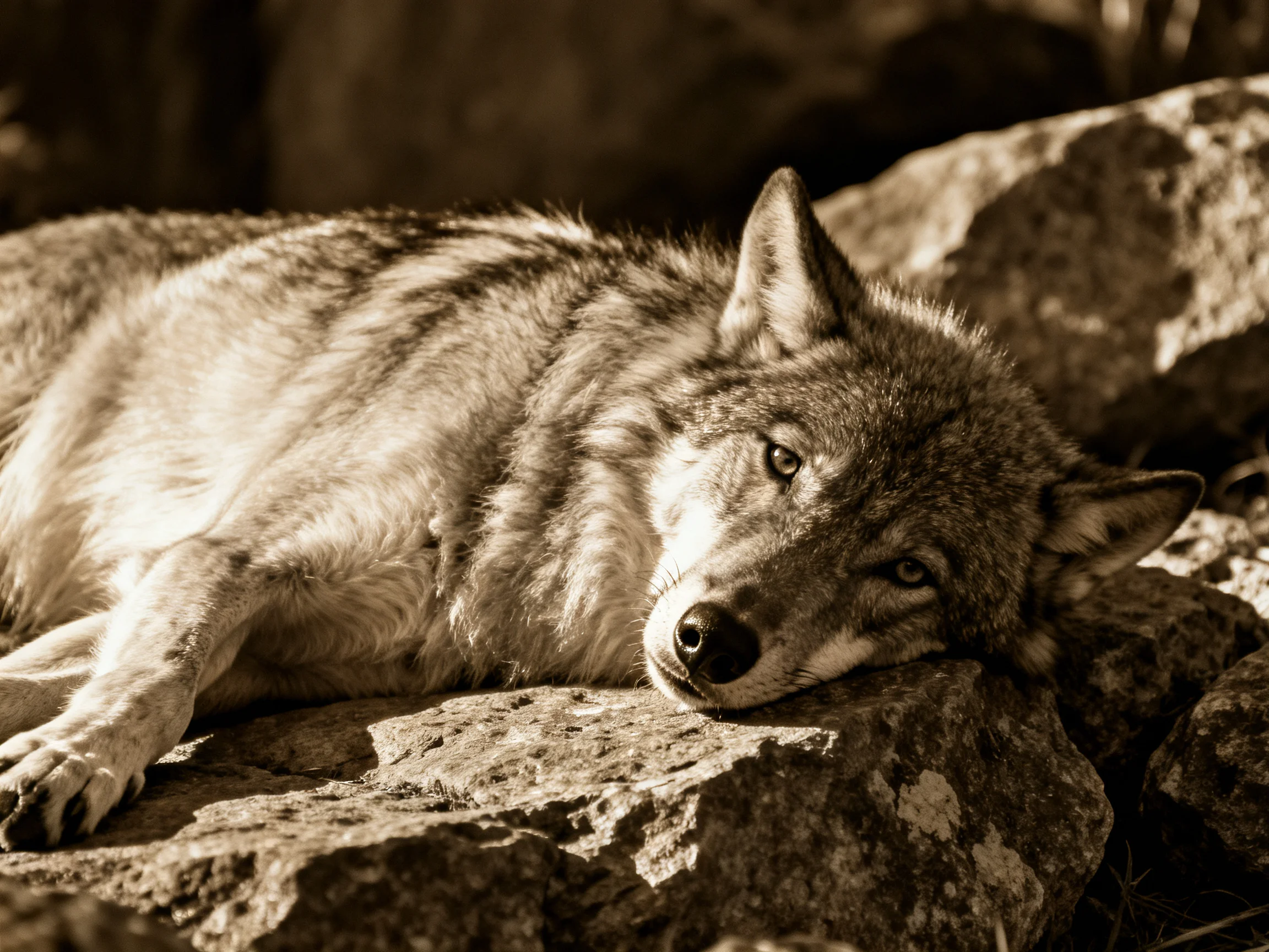 A wolf relaxes on rocks ina sepia-toned setting.
