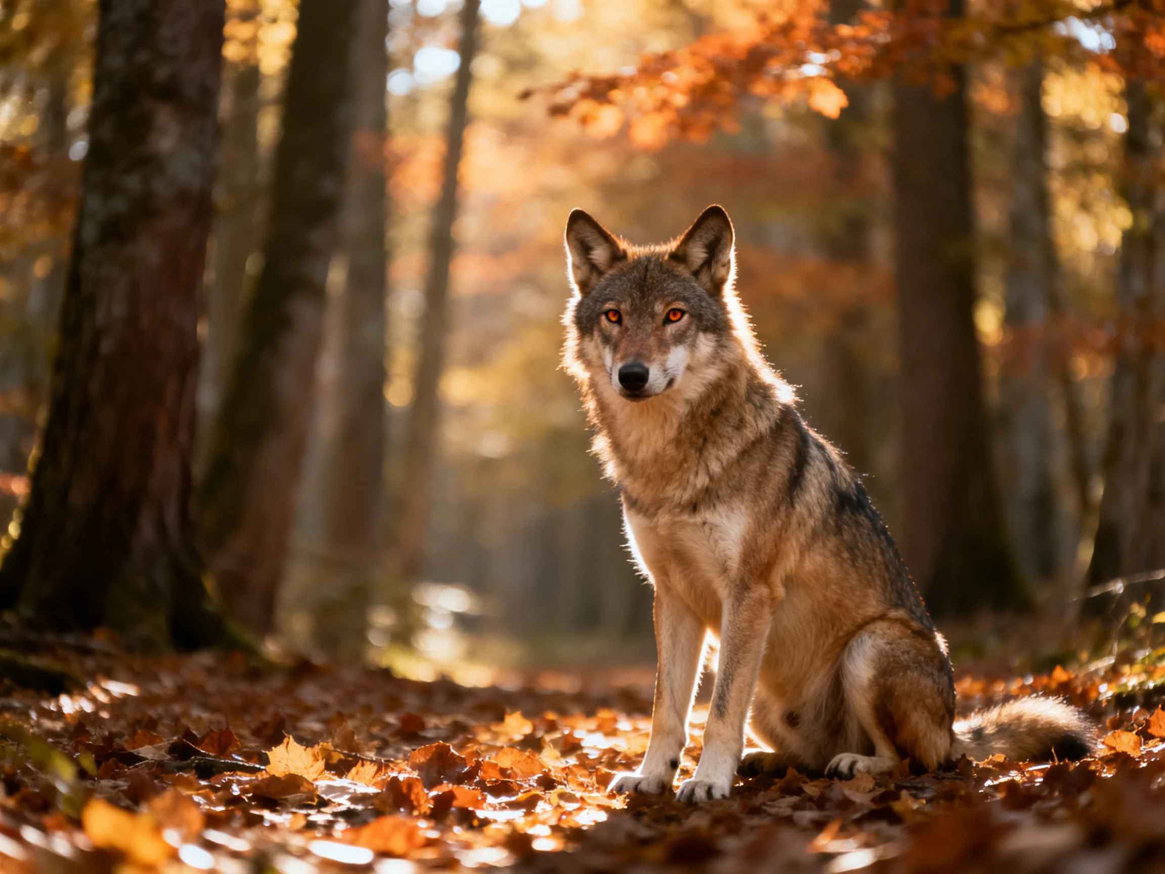 A wolf sits amid golden autumn foliage in a sun-dappled forest