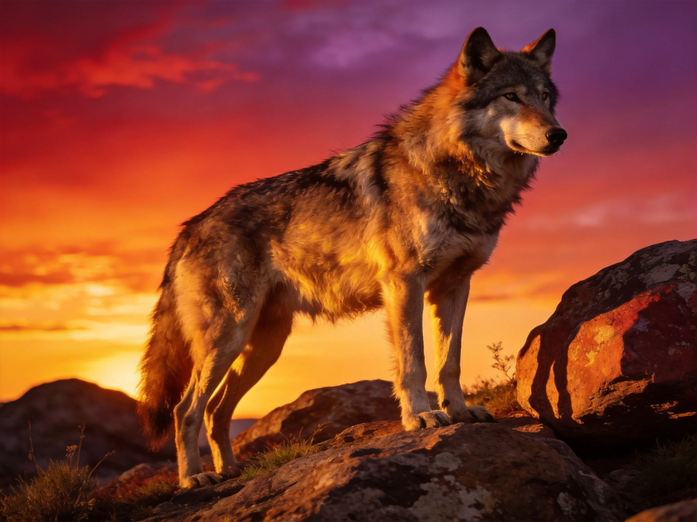 A wolf stands on rocky terrain beneath a vivid sunset sky