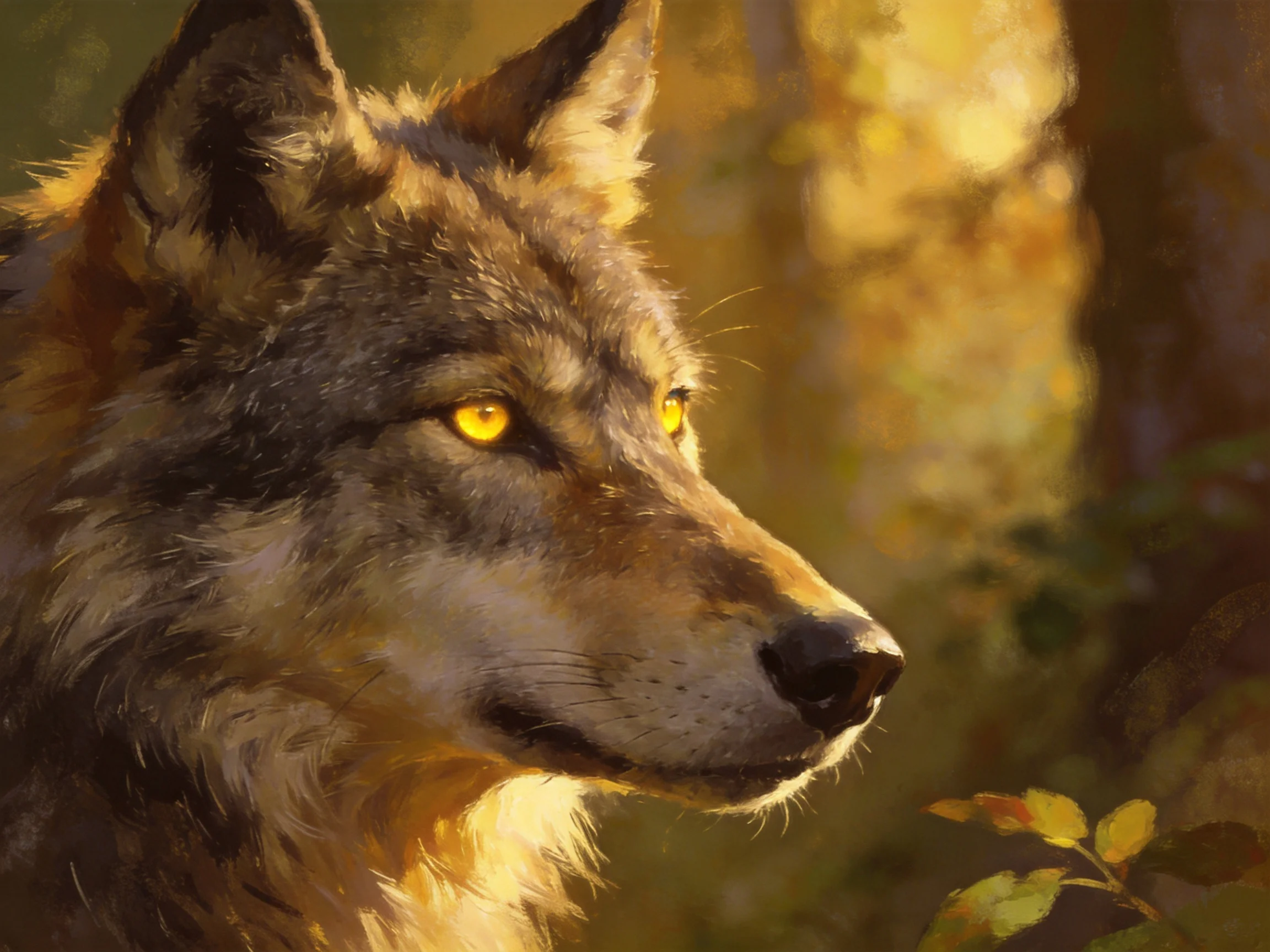 A wolf with golden eyes in a sunlit forest glade