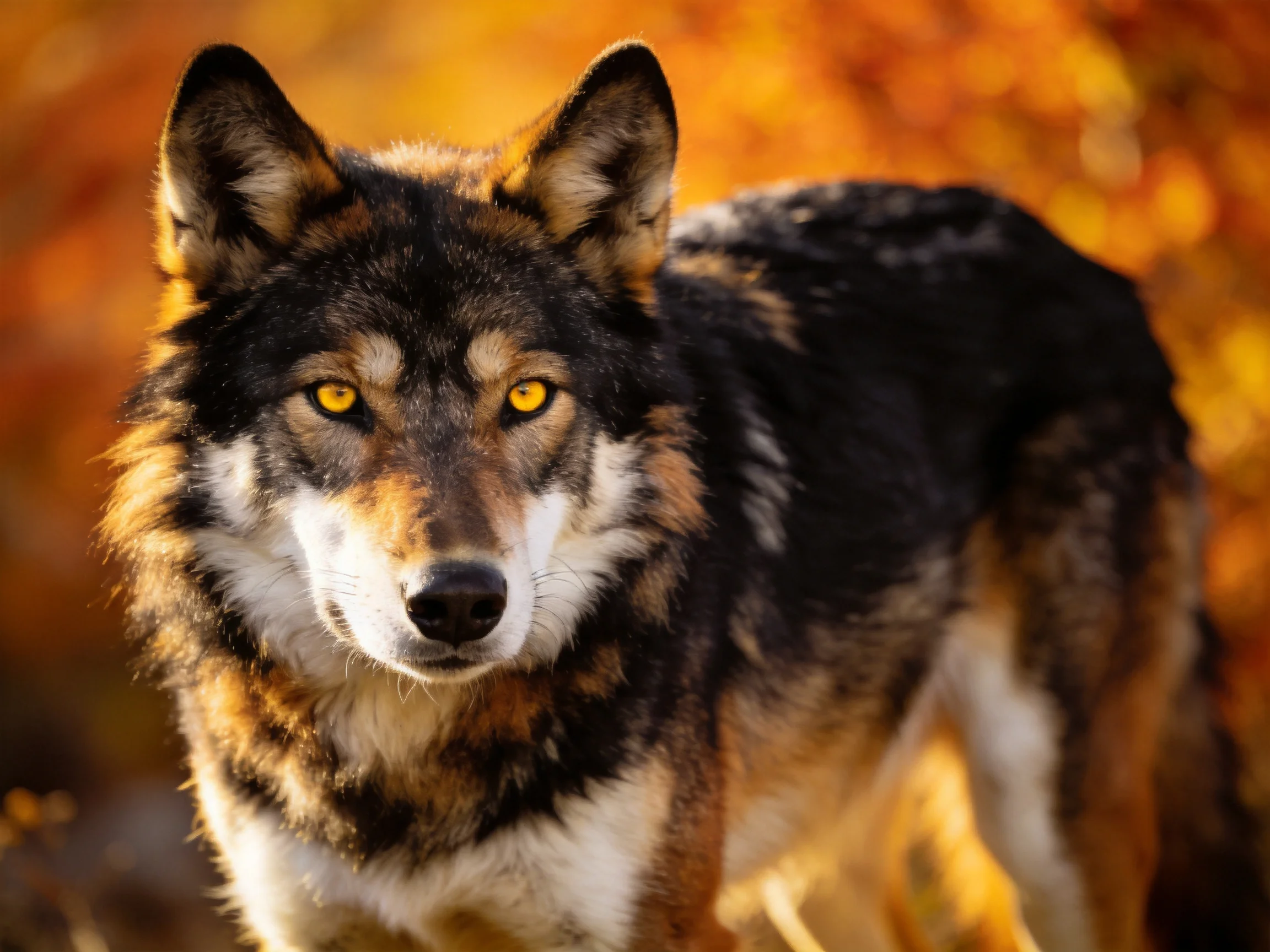 A wolf with multi - colored fur in a golden autumn landscape