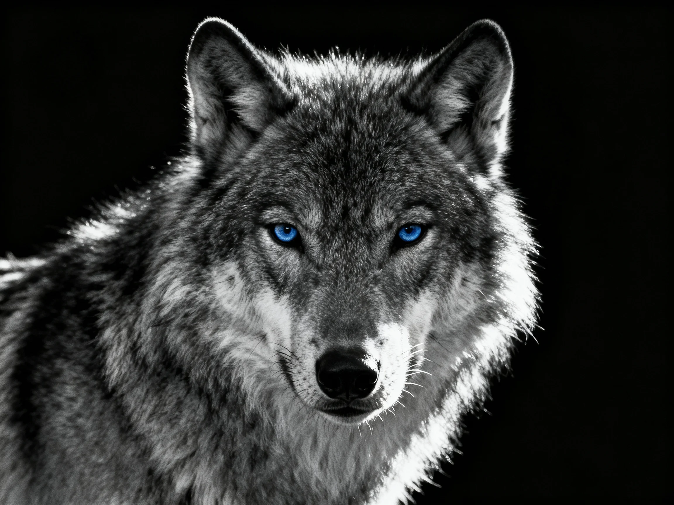 A wolf with vivid blue eyes is featured in a high-contrast black and white image.