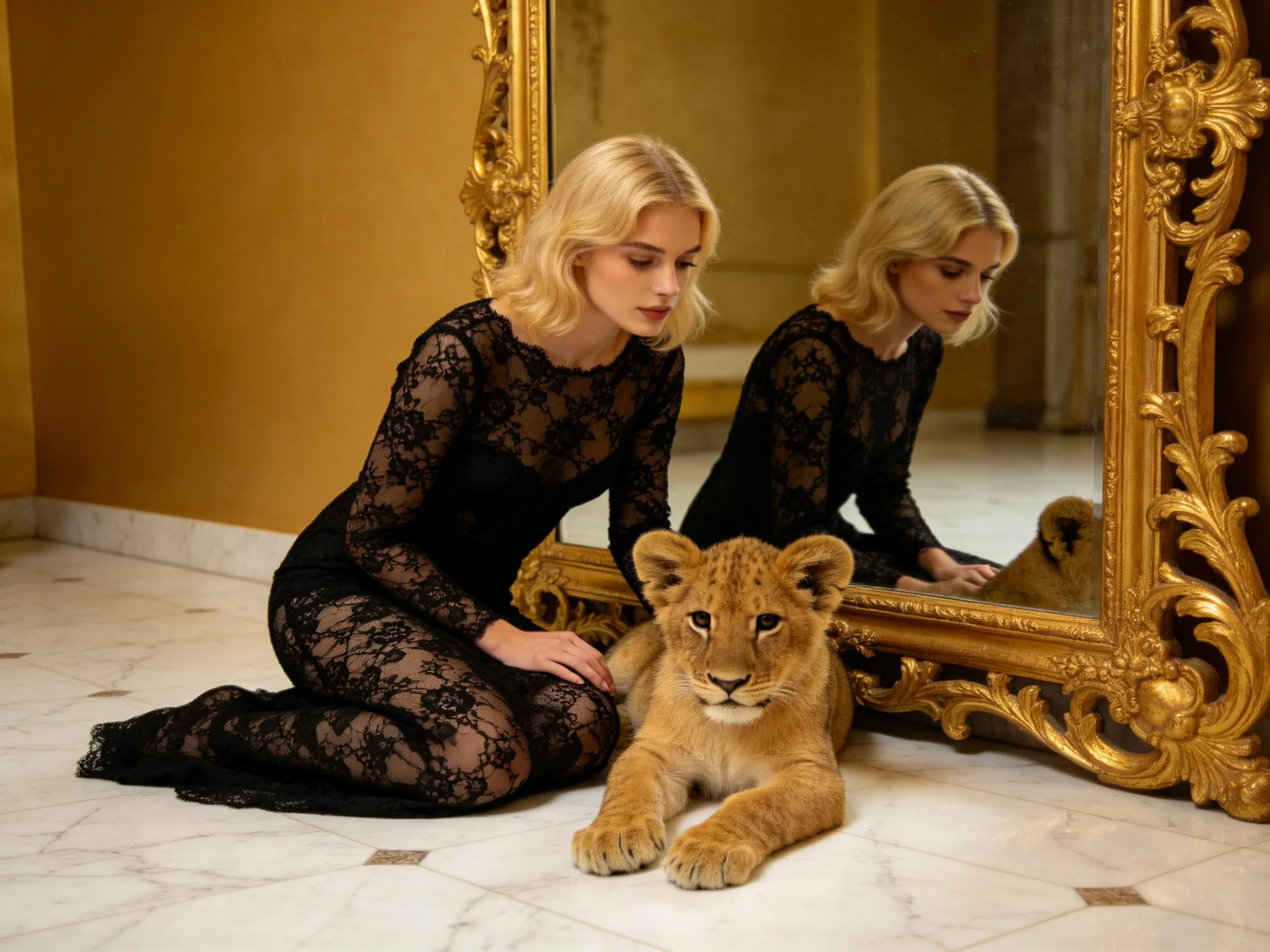 A woman in black lace kneels beside a lion cub near an ornate gold mirror