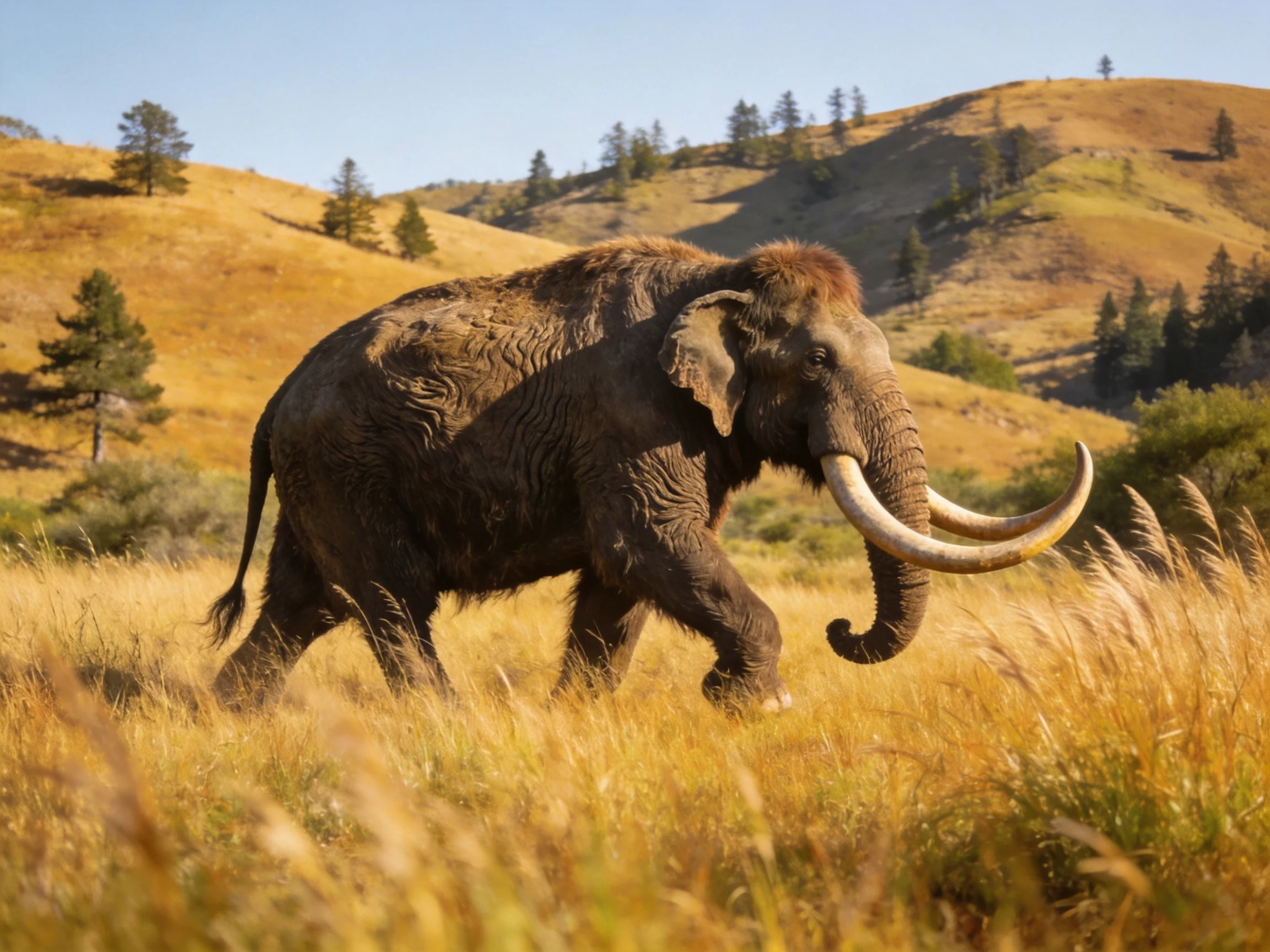 A woolly mammoth traverses tall golden grass near rolling hilly terrain.