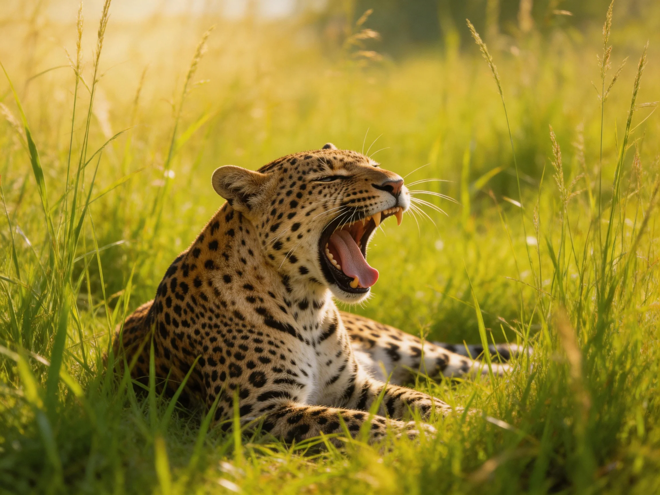 A yawning leopard rests among tall golden-green grasses in bright sunlight