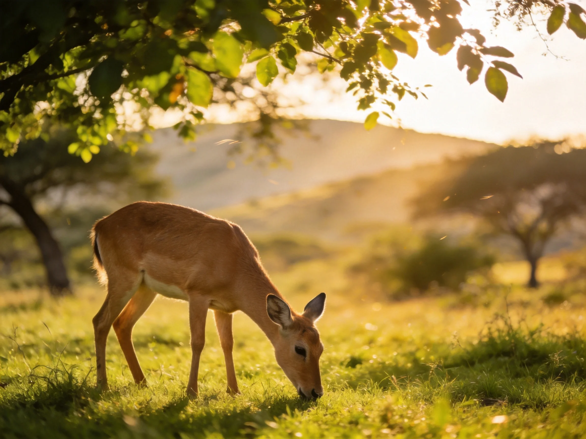 A young antelope grazes in sun-drenched green meadow near leafy trees