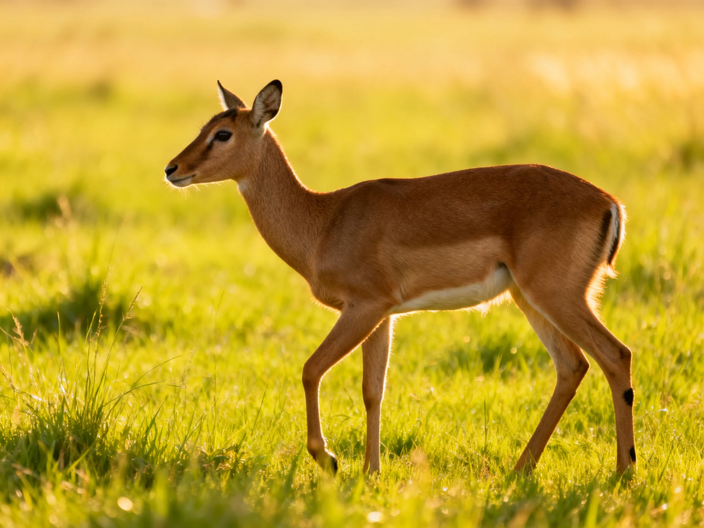 A young antelope walks through a sunlit meadow.