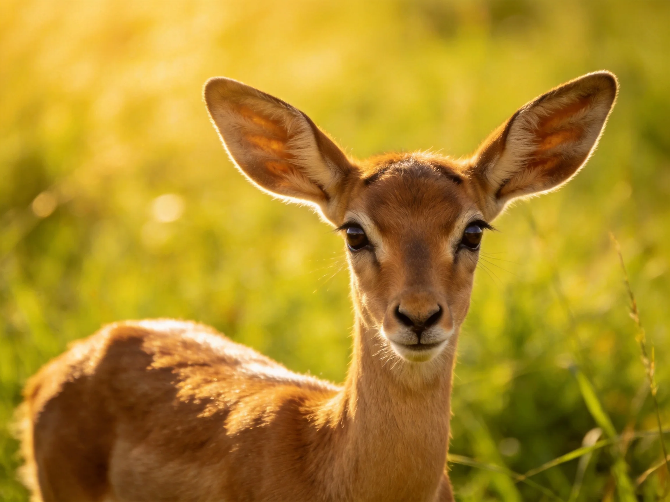 A young antelope in golden light among tall green grasses