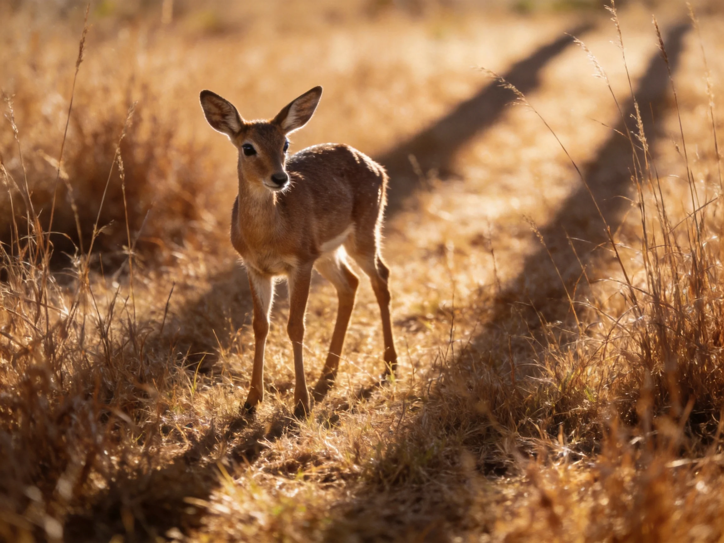 A young antelope in sun-drenched golden savannah grass