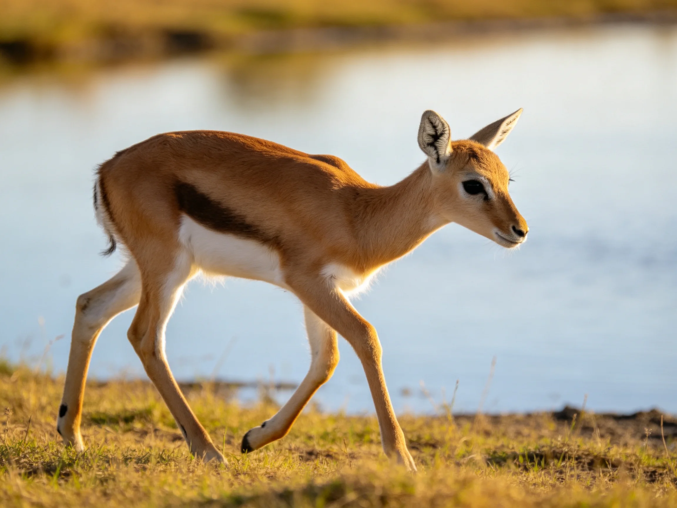 A young antelope with brown and white fur walks near water