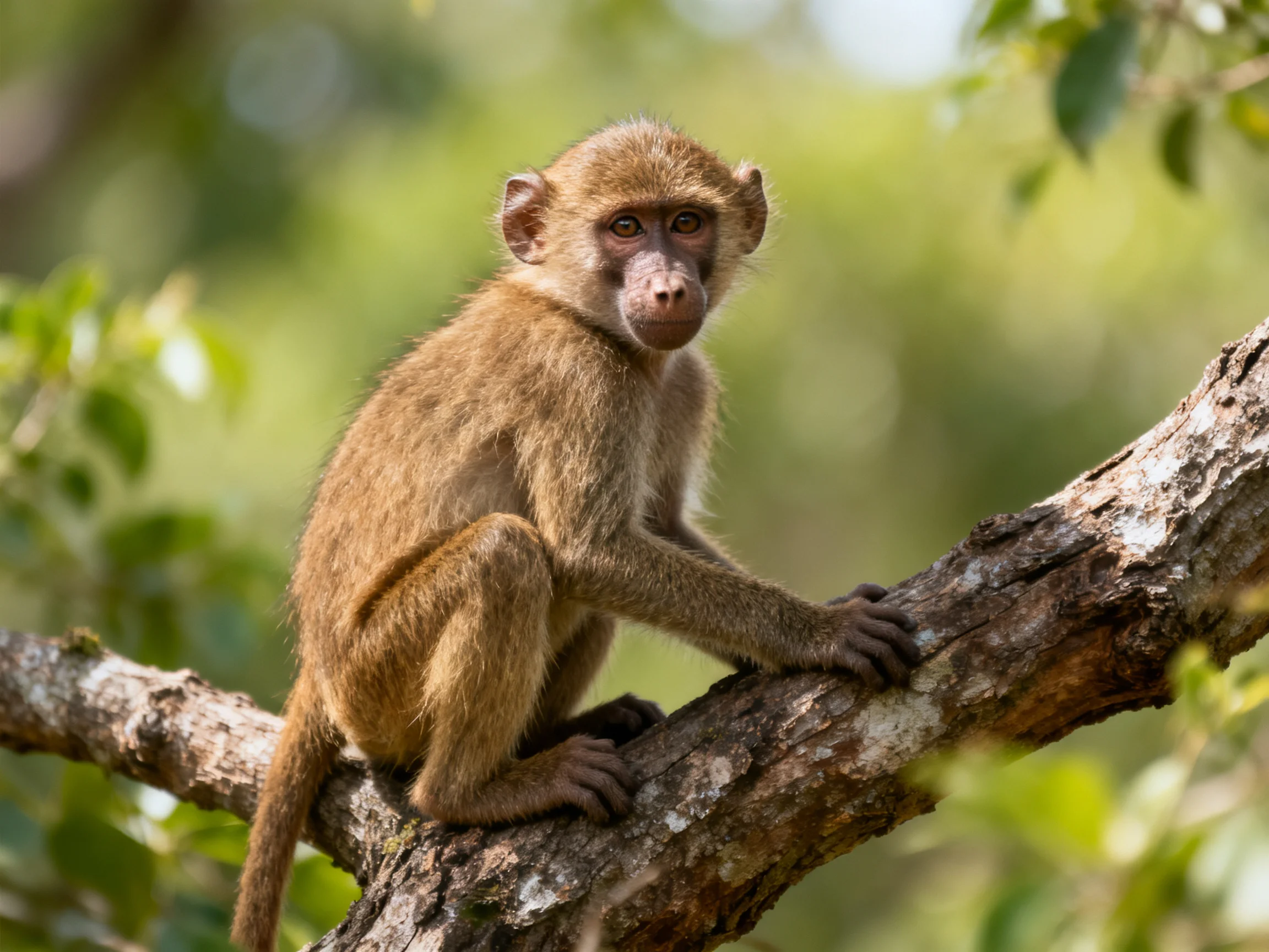 A young baboon sits on a tree branch surrounded by green foliage.