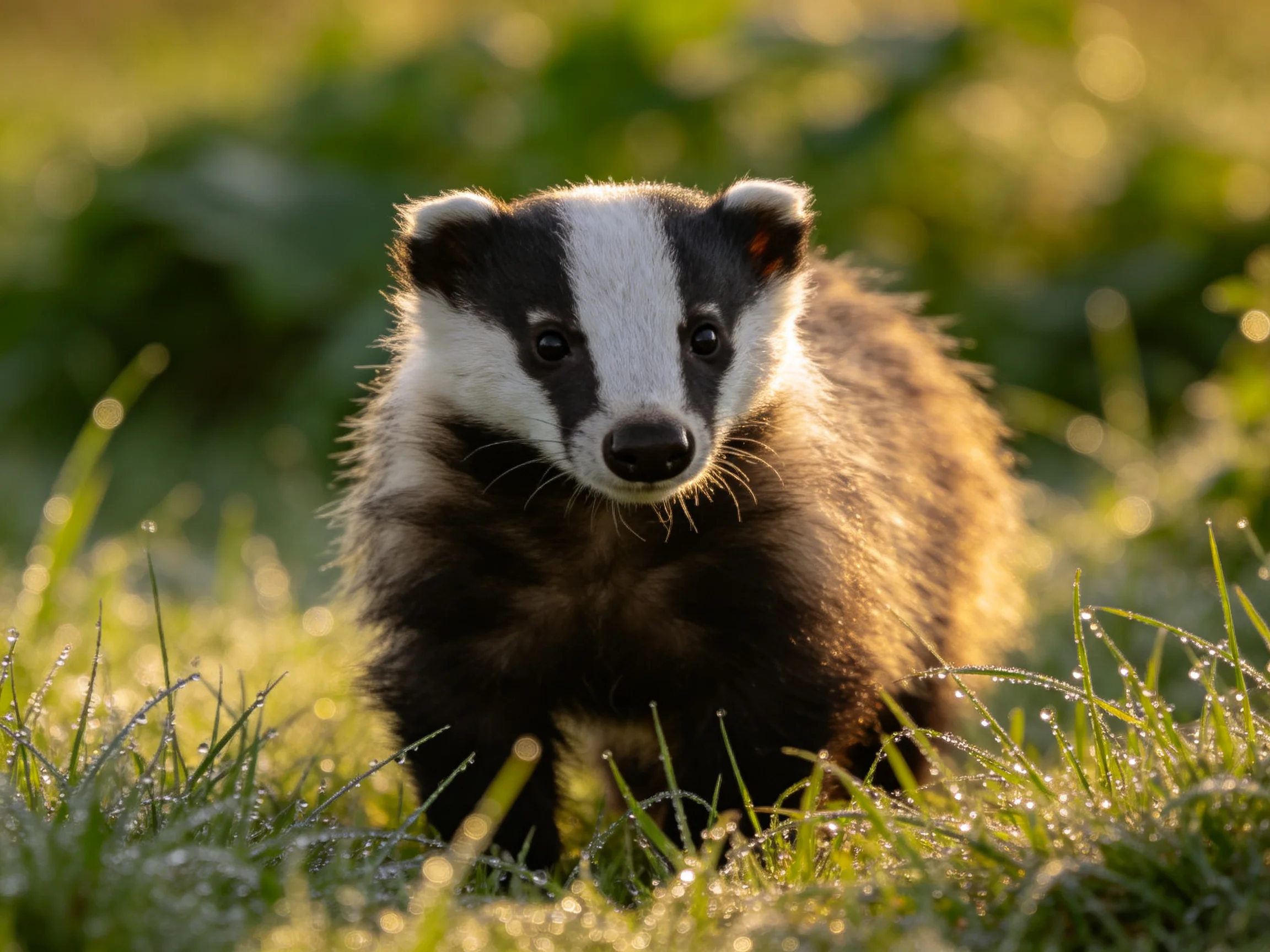A young badger is centered in a sunlit meadow with dew-covered grass.